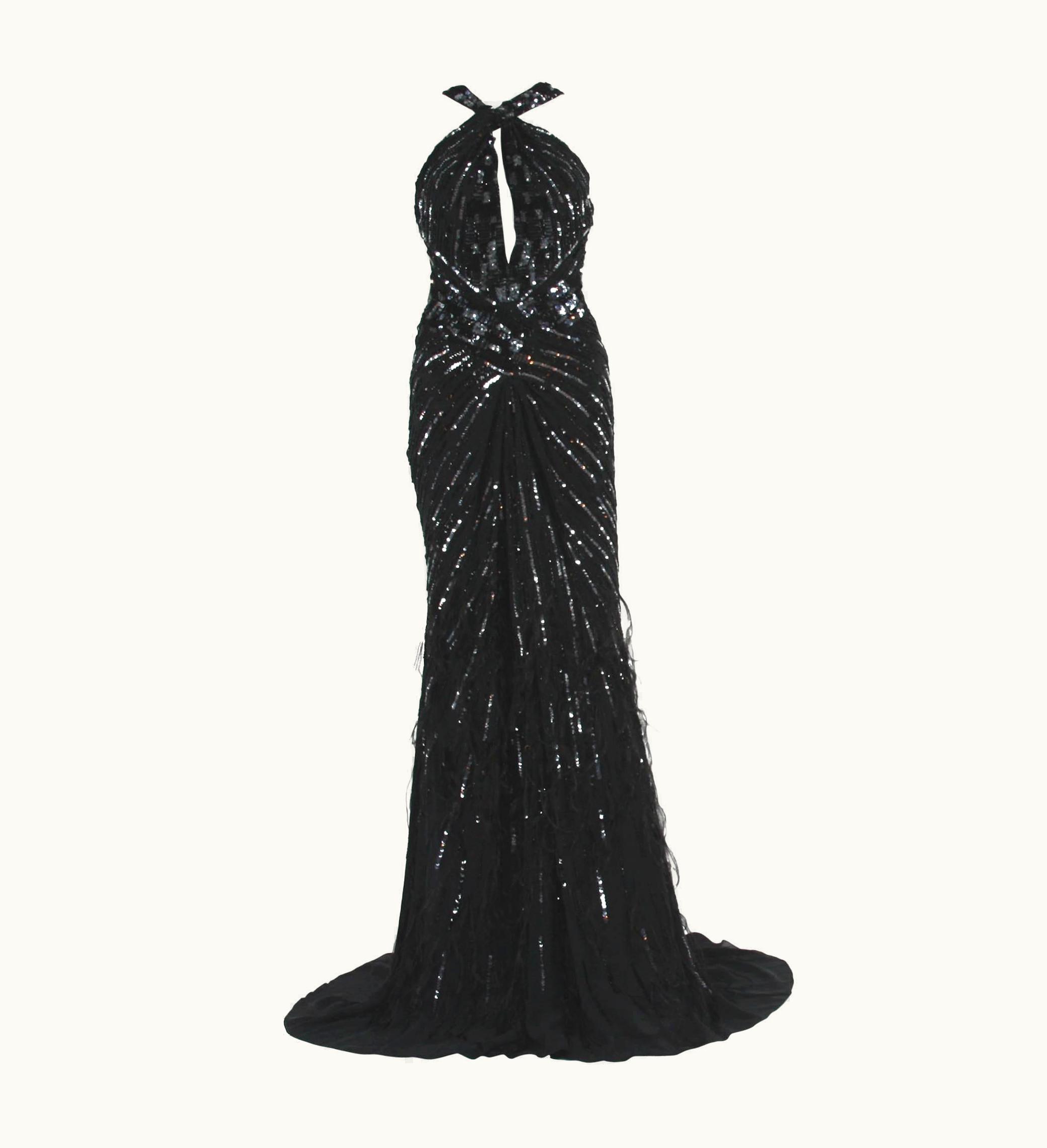Roberto Cavalli Roberto Cavalli Feather Beads Embellished Silk-Chiffon Open Back Gown