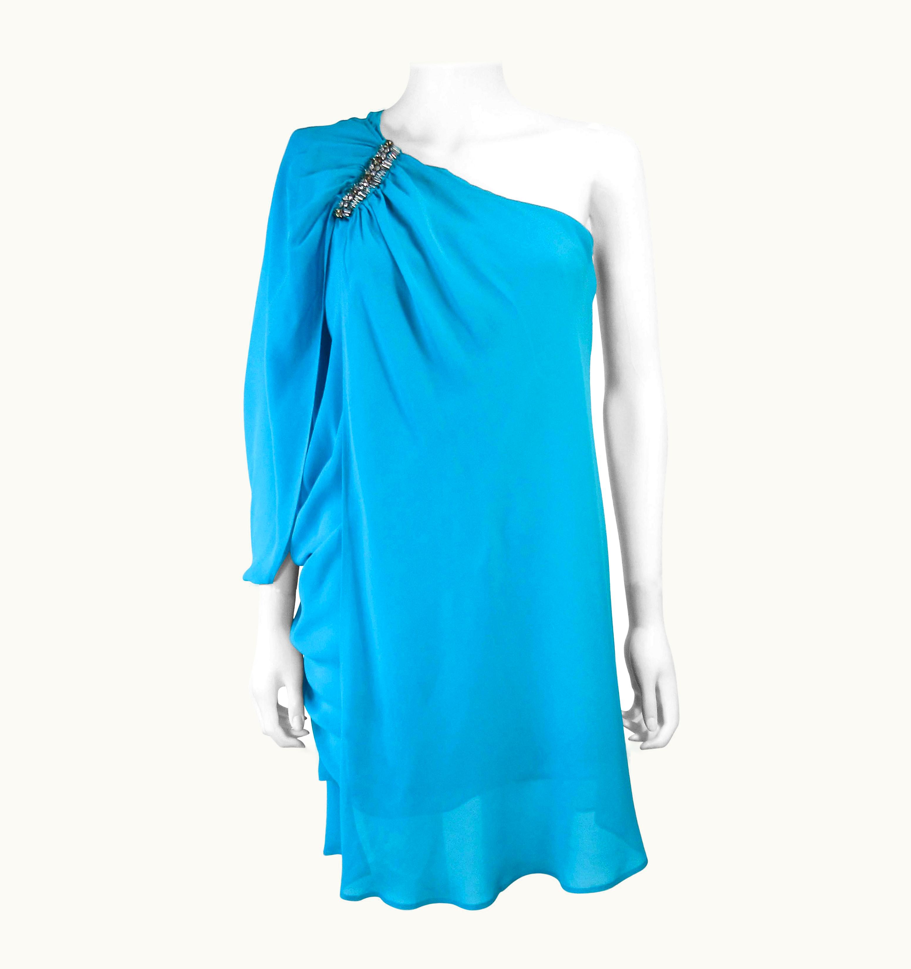 Roberto Cavalli Roberto Cavalli Aqua Silk Chiffon One Shoulder Draped Cocktail Dress