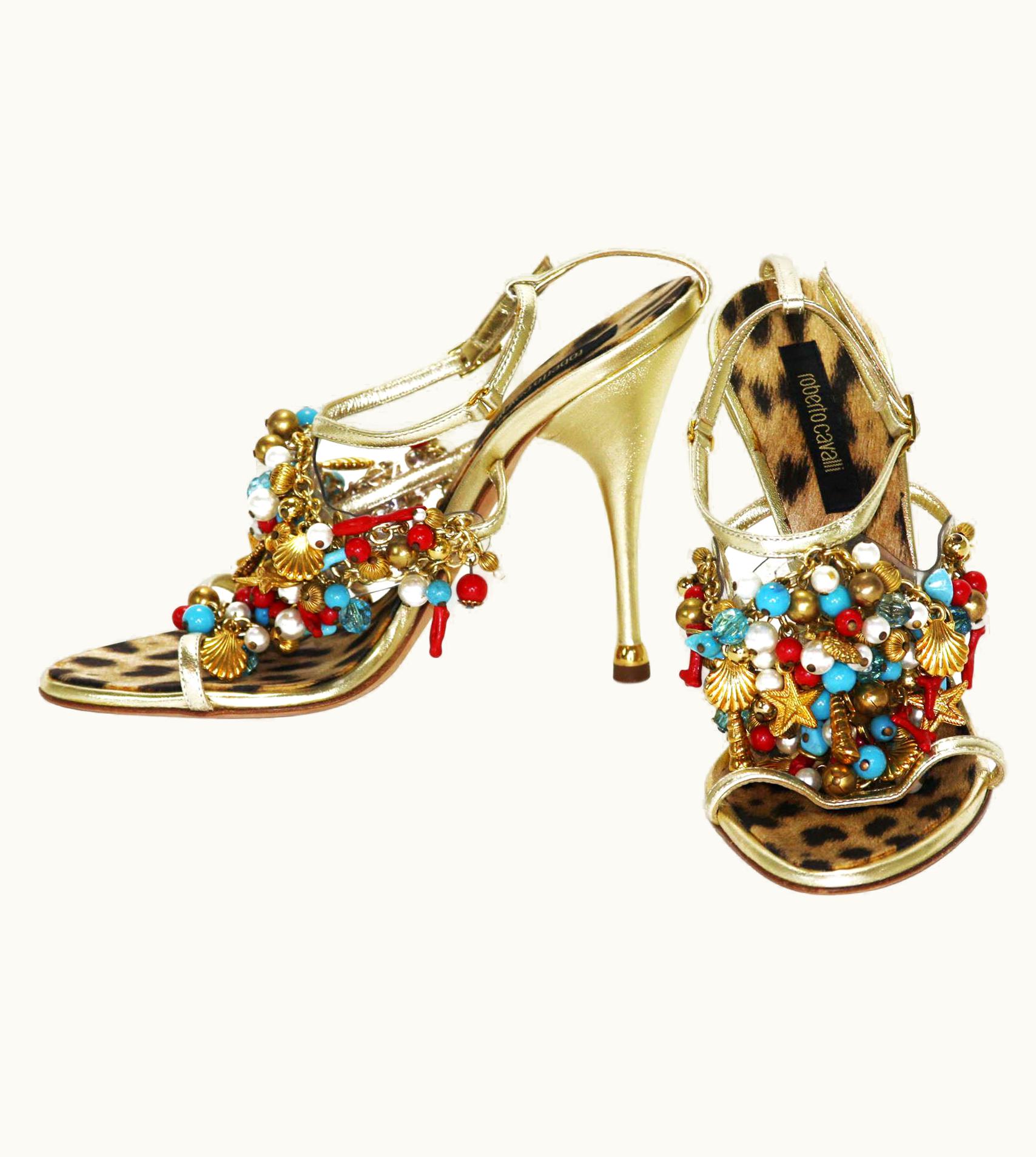 Roberto Cavalli Roberto Cavalli Embellished Gold Leather Shoes Sandals It.38.5 -