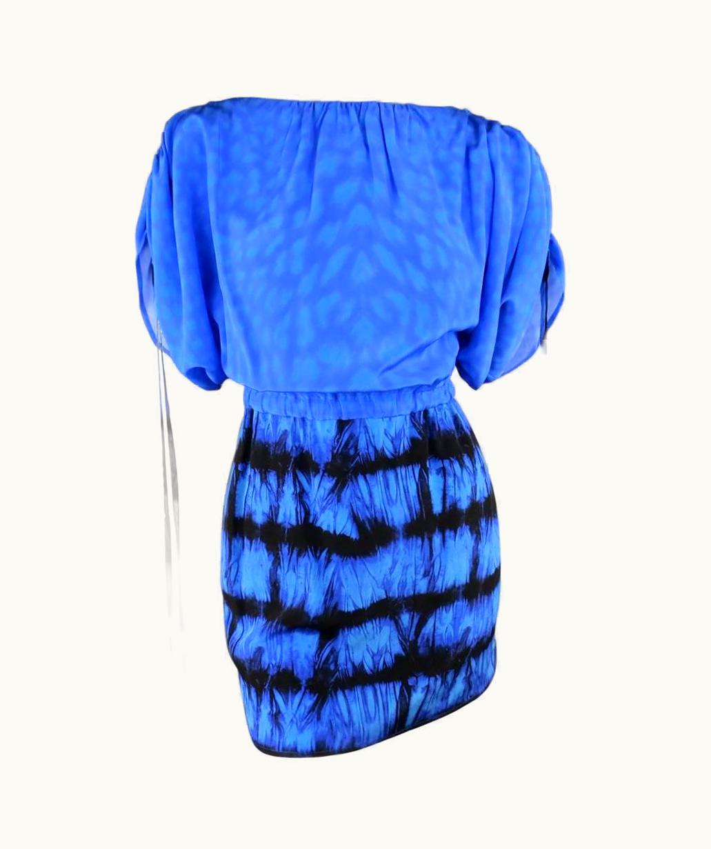 Roberto Cavalli Roberto Cavalli 4 Blue & Black Cheetah & Tie Dye Silk DRawstring Sleeve Dress