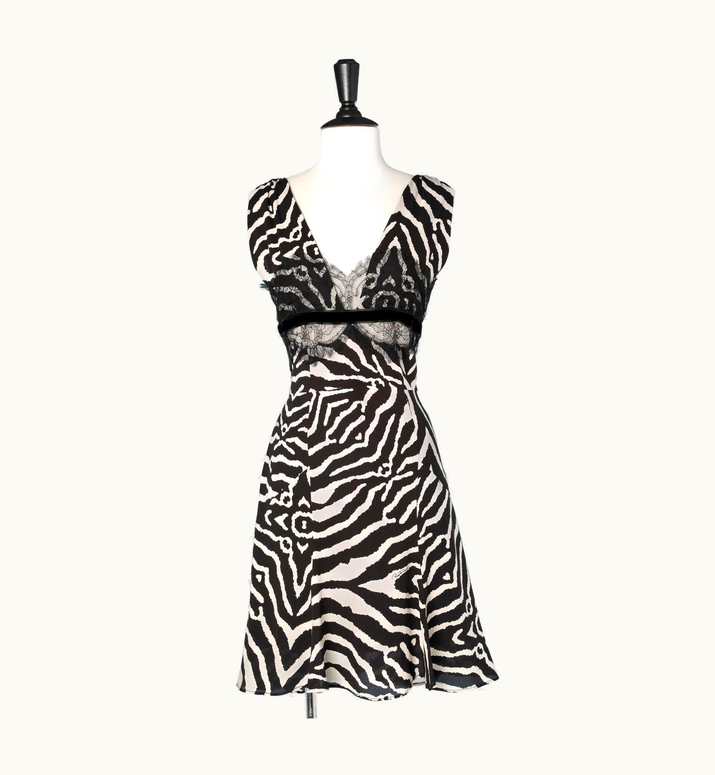 Roberto Cavalli Zebra Printed Silk Chiffon Dress With Black Lace Appliqué Roberto Cavalli