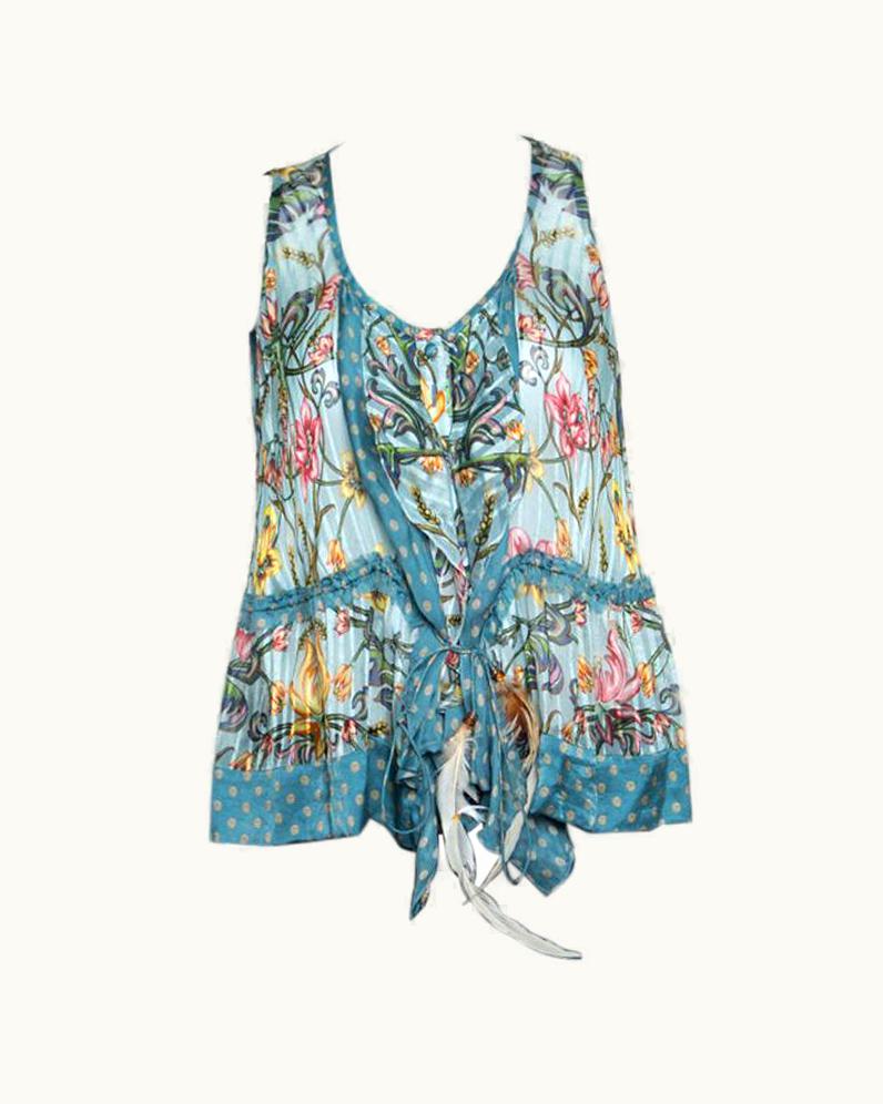 Roberto Cavalli Roberto Cavalli Blue Floral Printed Silk Ruffled Feather Tie Detail Blouse