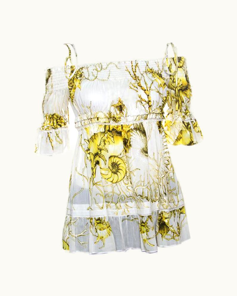 Roberto Cavalli Roberto Cavalli White And Yellow Floral Printed Cotton Off Shoulder Blouse