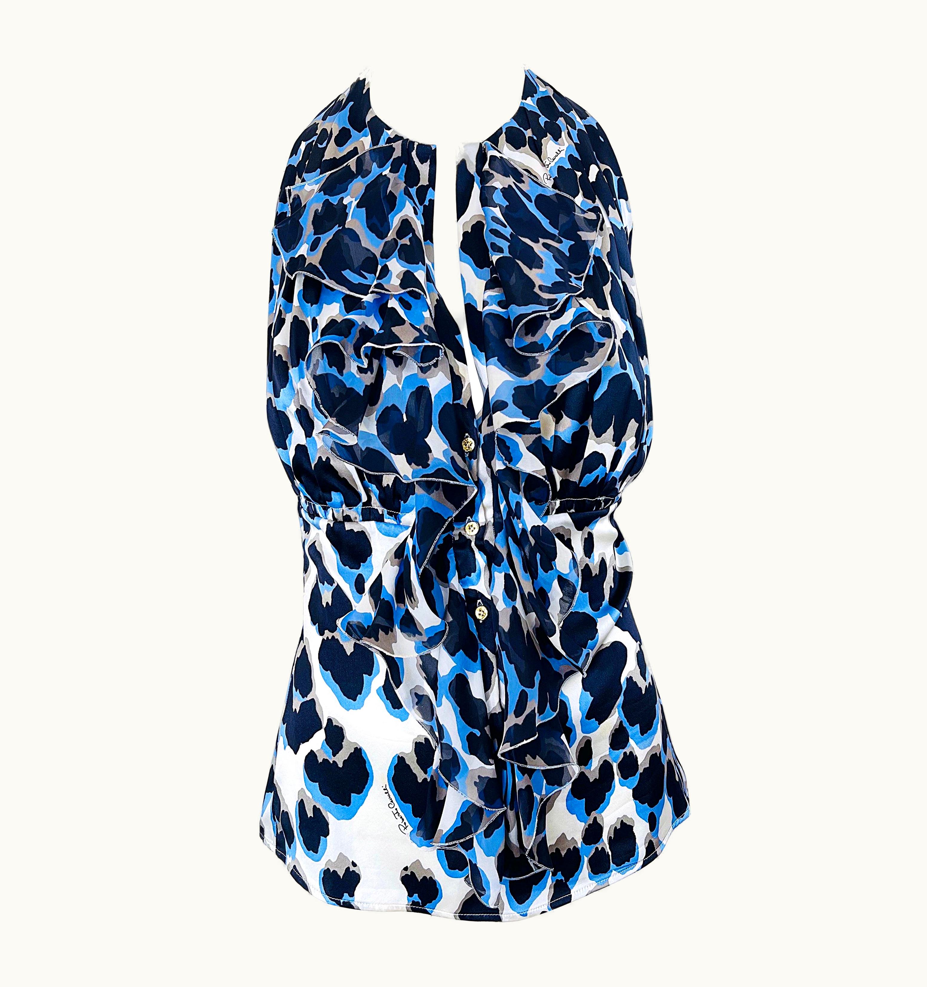 Roberto Cavalli Roberto Cavalli 2000s S/S Blue Leopard Silk Sleeveless Ruffle Blouse