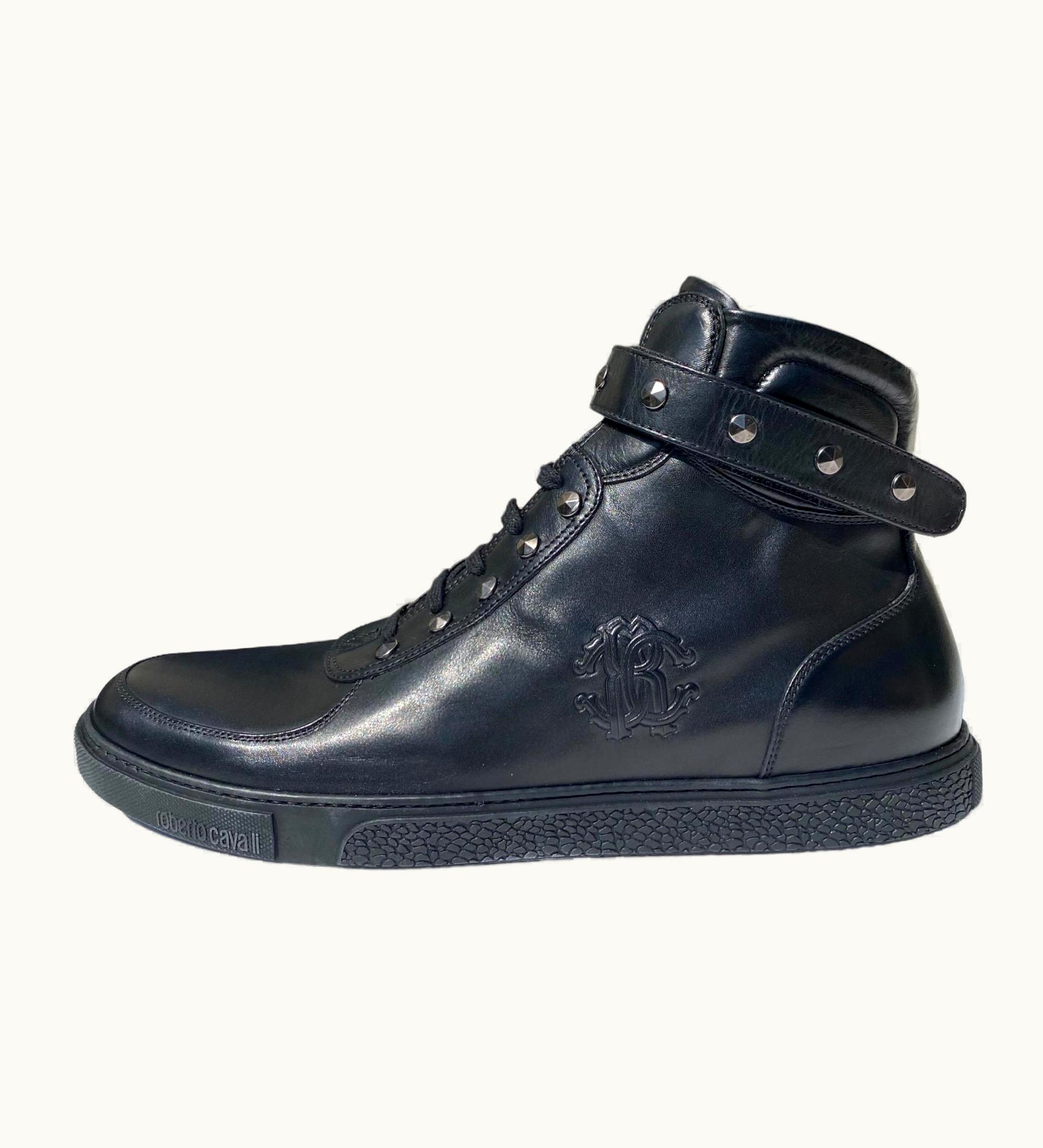 Roberto Cavalli Roberto Cavalli Studded Black Leather High Top Sneakers For Men