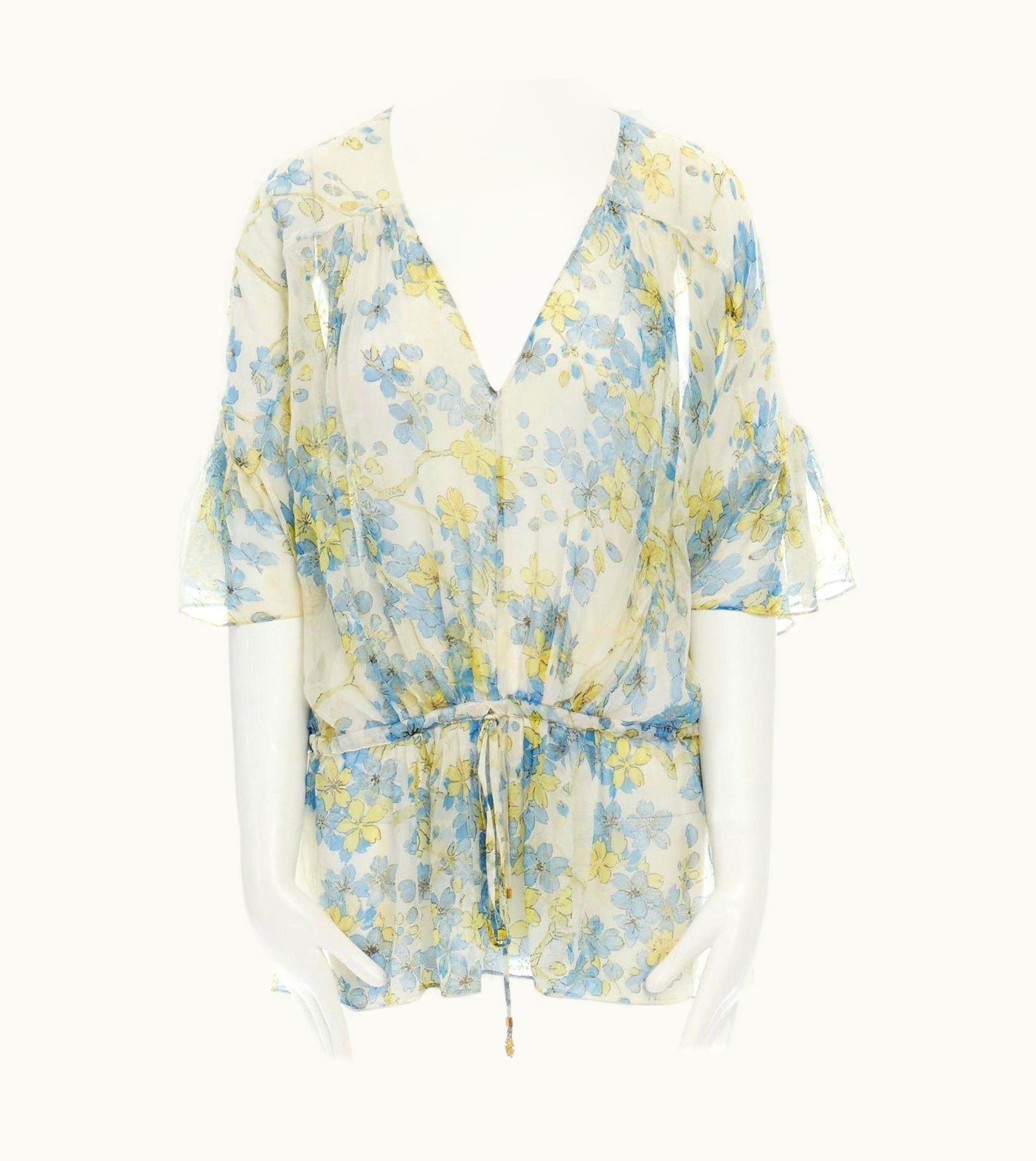 Roberto Cavalli Roberto Cavalli Blue Orange Floral Print Silk Semi Sheer Flutter Sleeve Top