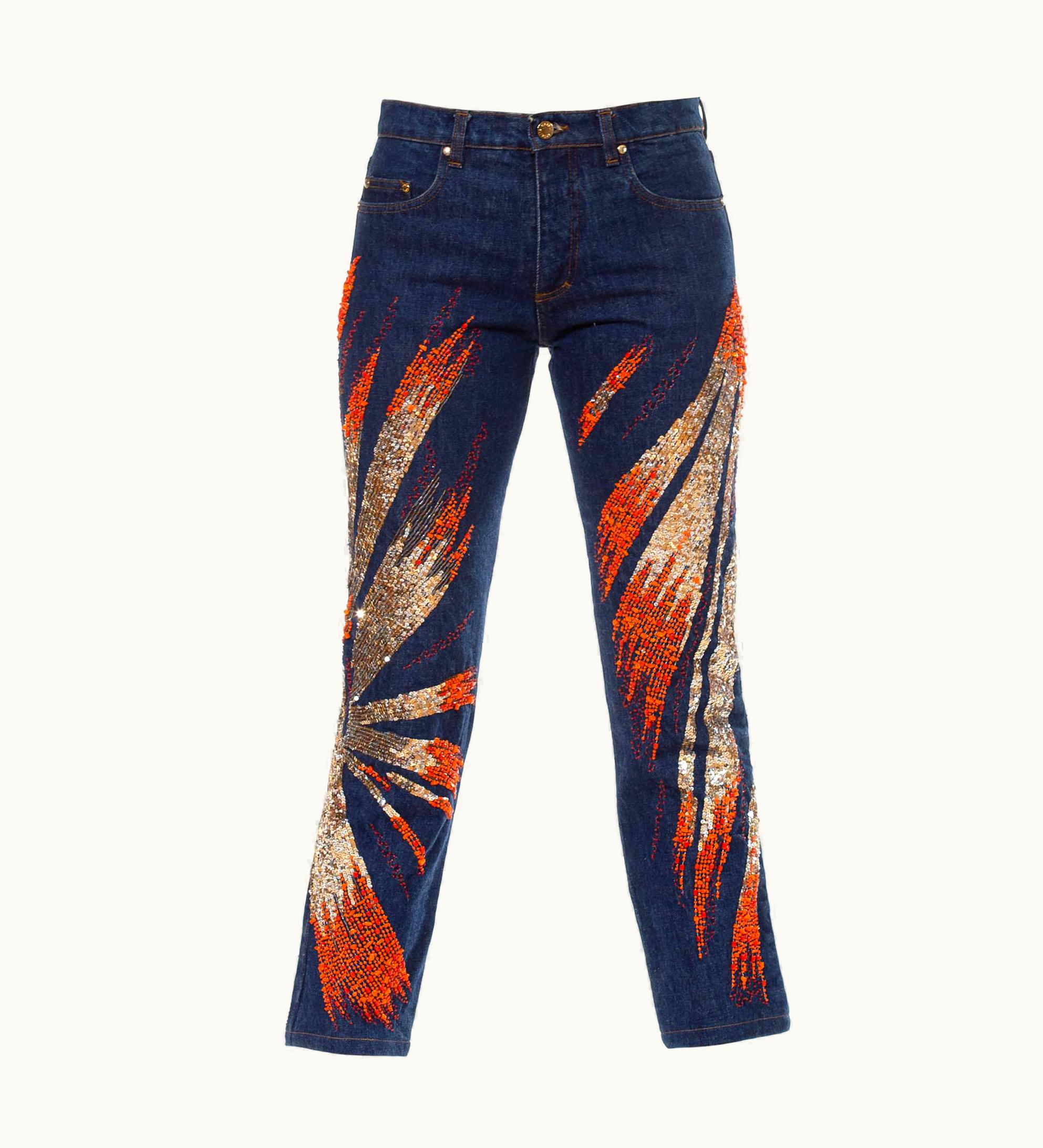 Roberto Cavalli 2000s Roberto Cavalli Blue Cotton Denim Jeans With Orange And Gold Beaded Firew