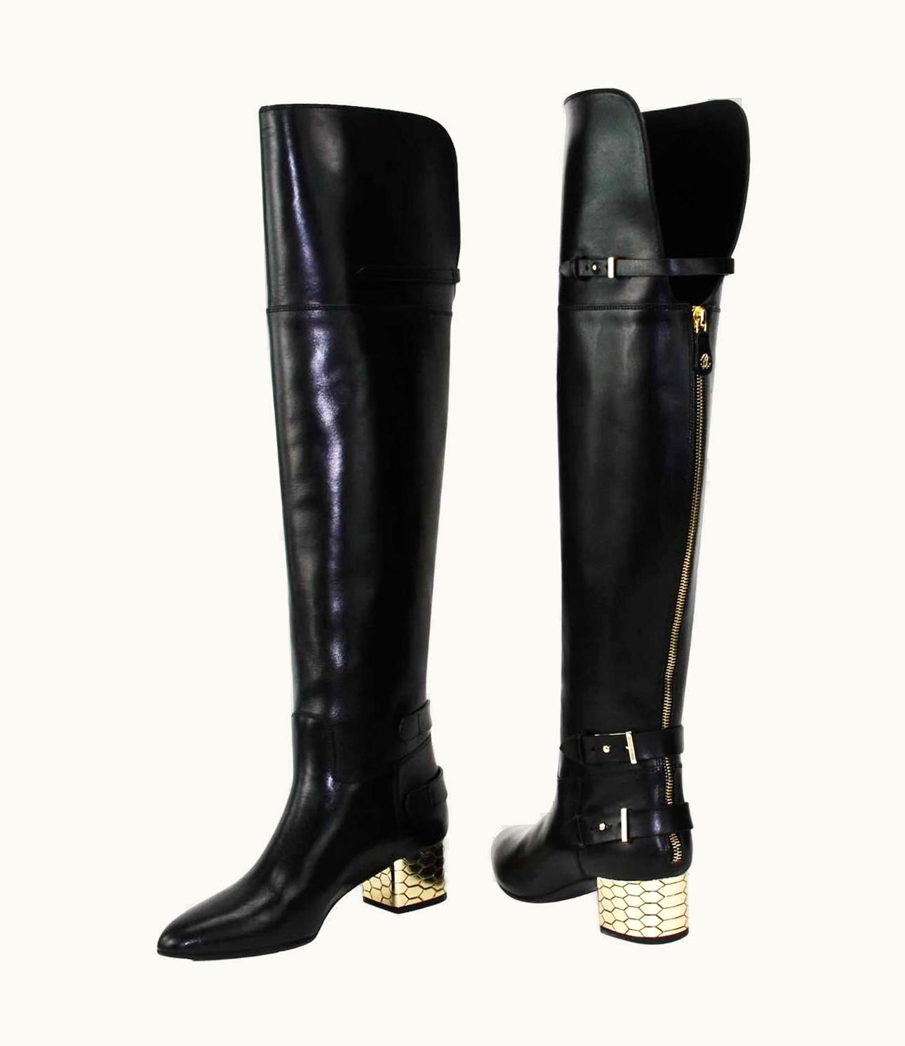 Roberto Cavalli Roberto Cavalli Over-the-knee Leather Boots Honeycomb Pattern Heel 36.5 6