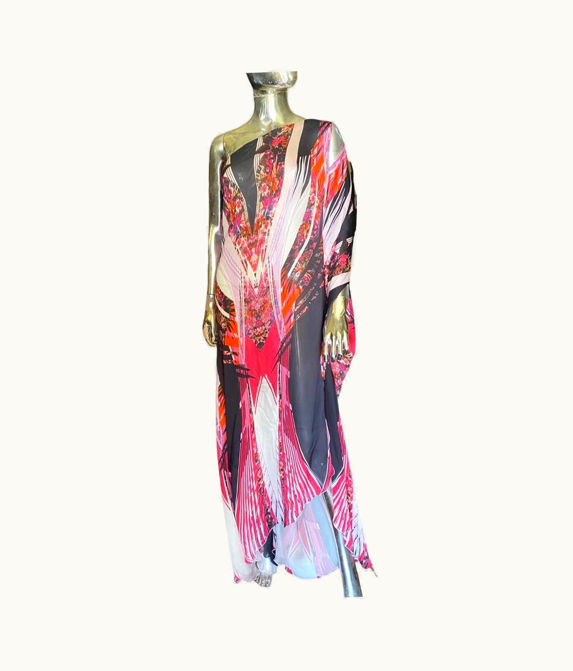 Roberto Cavalli Roberto Cavalli Italy Signature Silk Abstract Print One Shoulder Gown