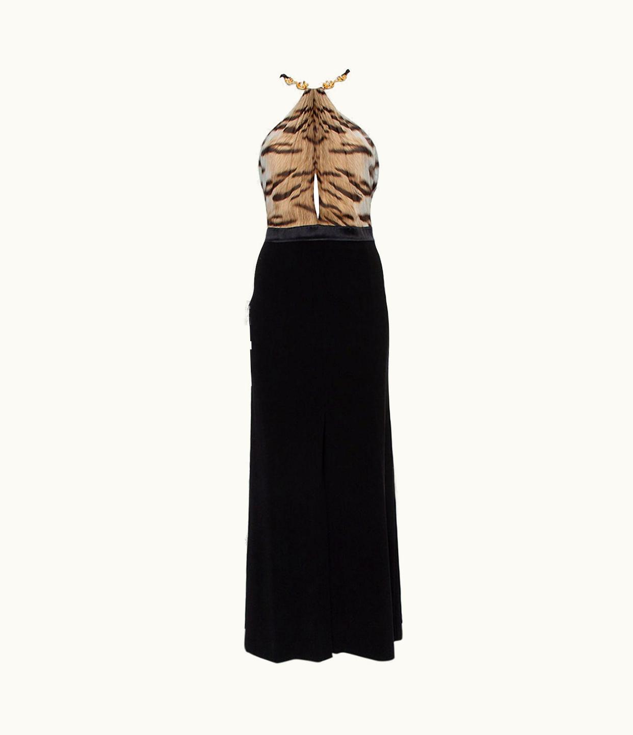 Roberto Cavalli Roberto Cavalli Black Knit Animal Printed Trim Detail Halter Neck Maxi Dress
