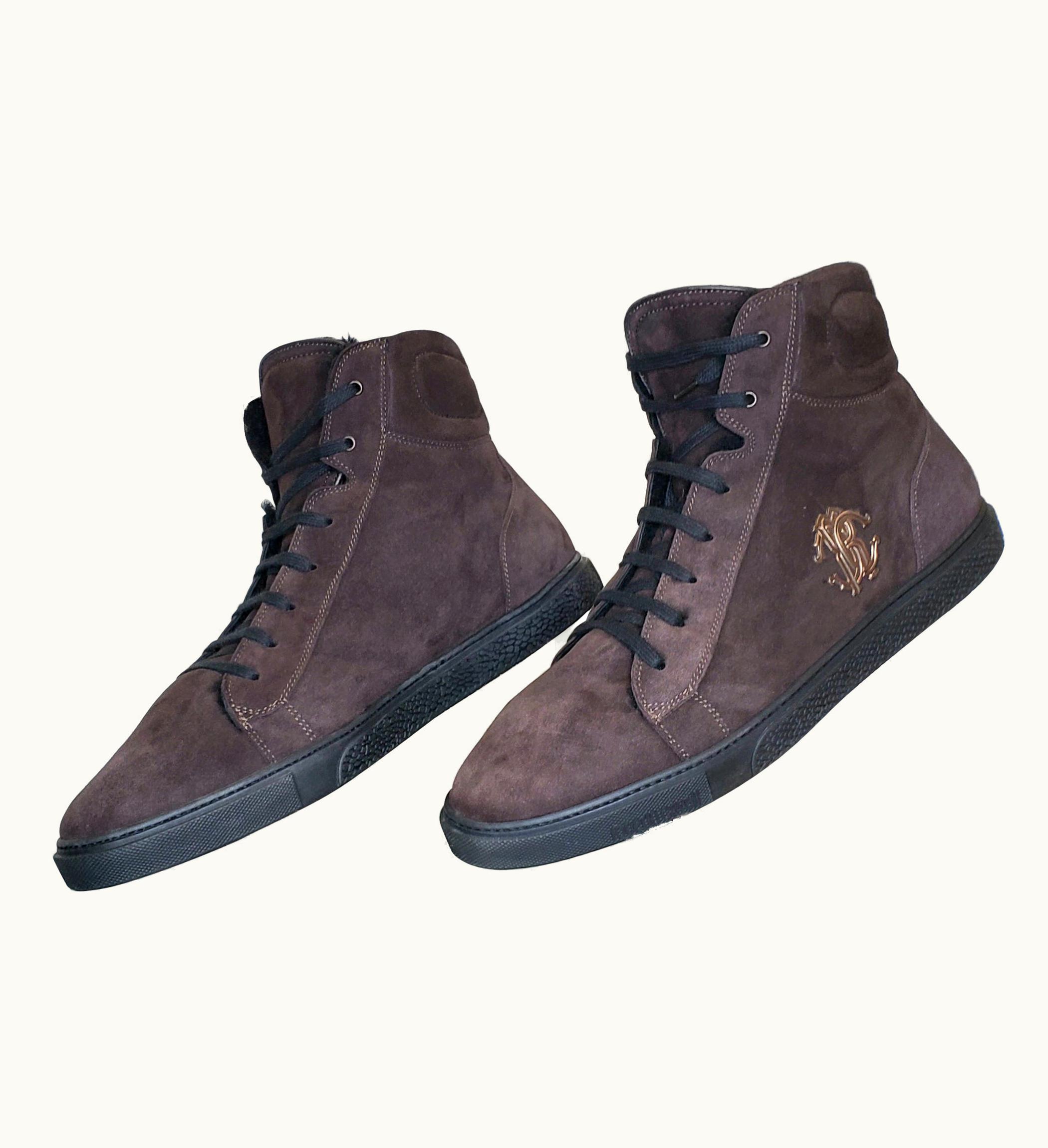 Roberto Cavalli Roberto Cavalli Brown Suede Fur Lined Shearling High Top Sneakers