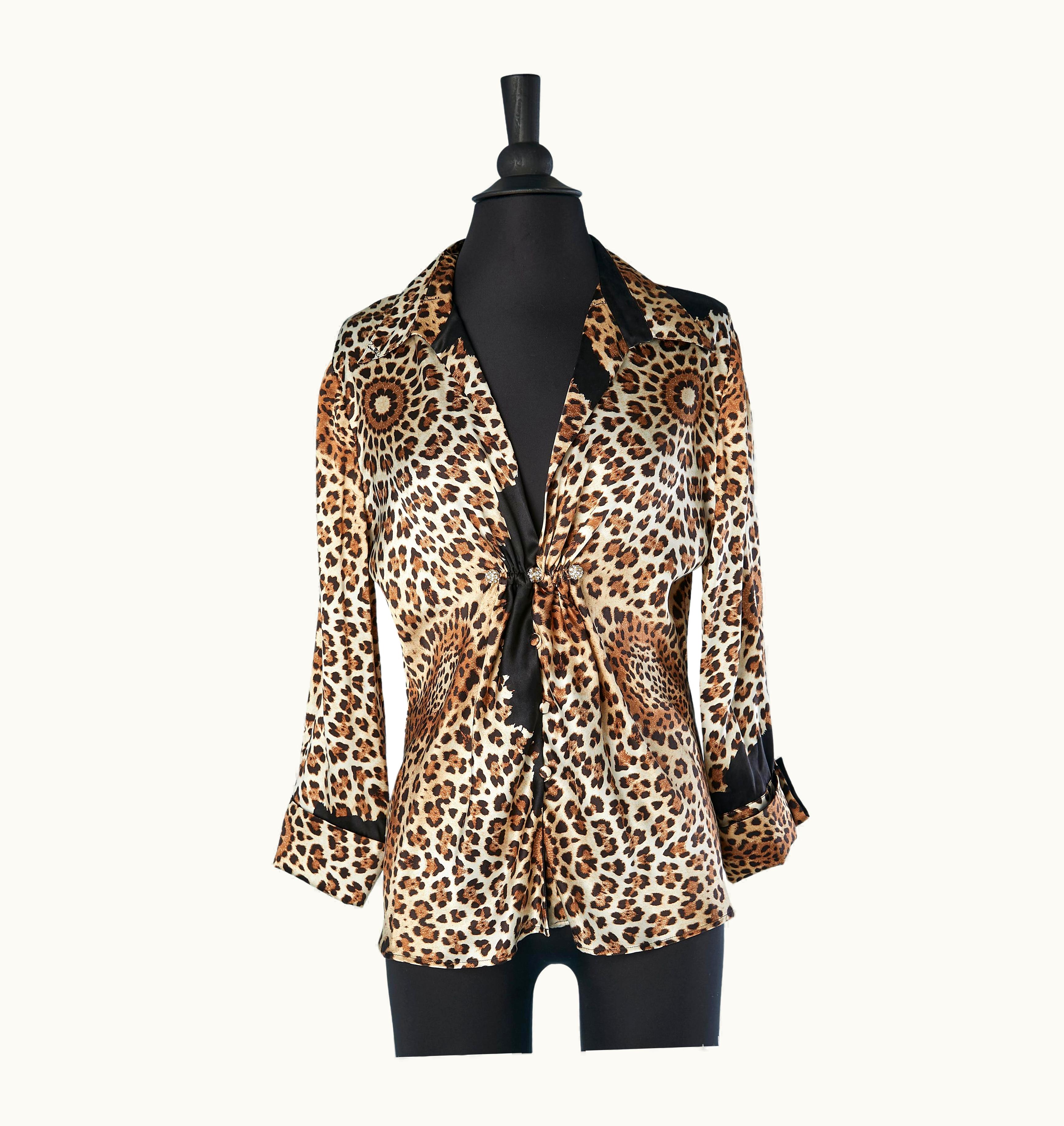 Roberto Cavalli Silk Leopard Shirt With Rhinestone Brooch In The Middle Front Roberto Cavalli
