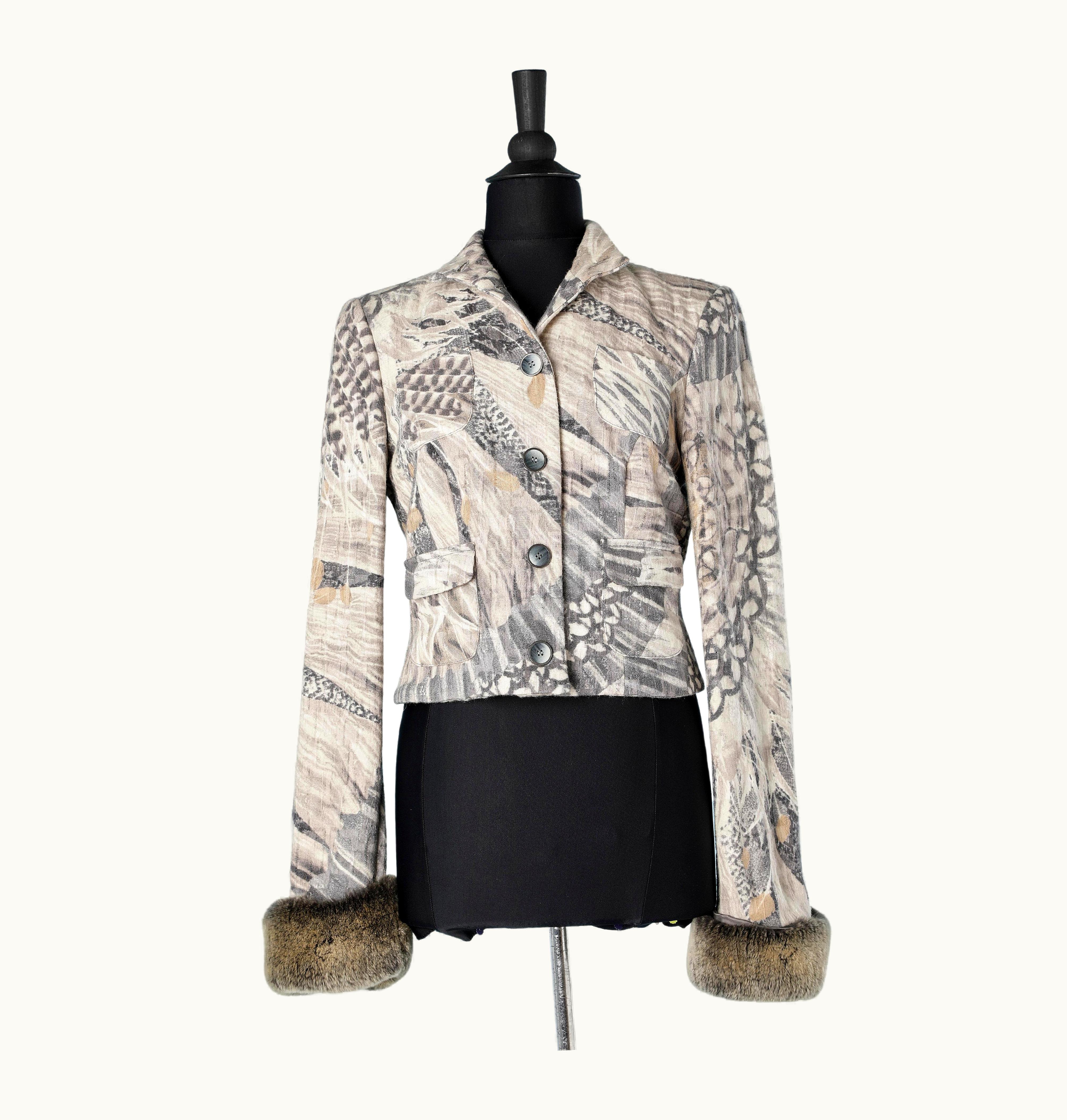 Roberto Cavalli Printed Jacket In Wool And Cotton With Furs' Cuffs Roberto Cavalli Class