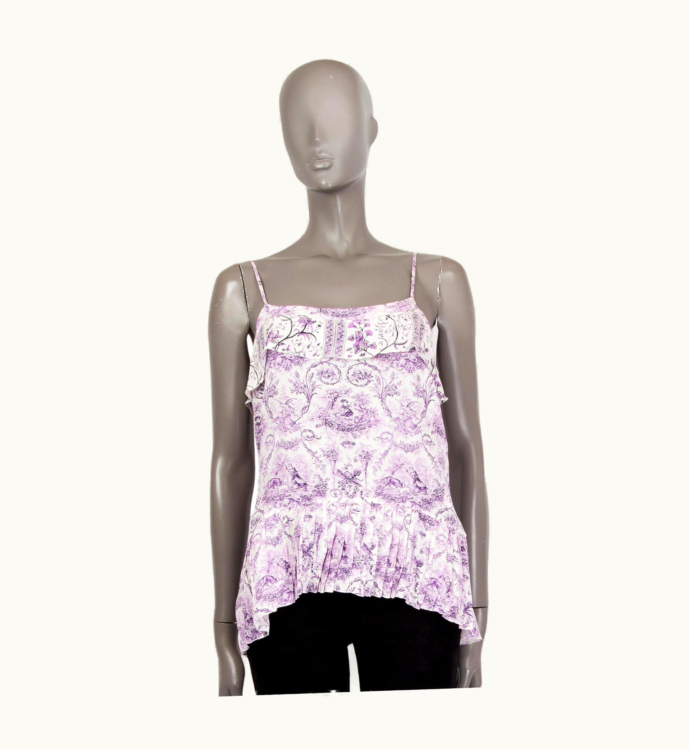 Roberto Cavalli Roberto Cavalli Purple & White Silk Porcelain Print Ruffled Tank Top Shirt