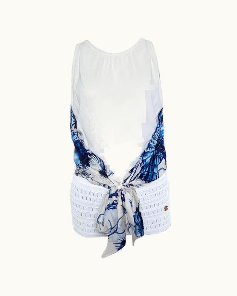 Roberto Cavalli Roberto Cavalli White And Blue Printed Cutout Back Front Tie Sleeveless Top