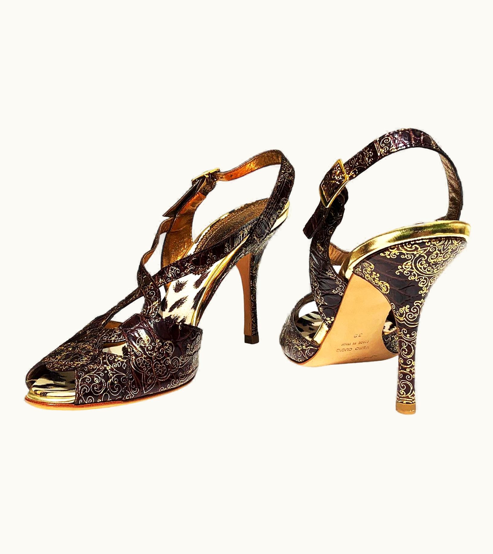 Roberto Cavalli Nwt Roberto Cavalli Crocodile Brown Gold Scroll Painted Shoes Sandals It 38 Us