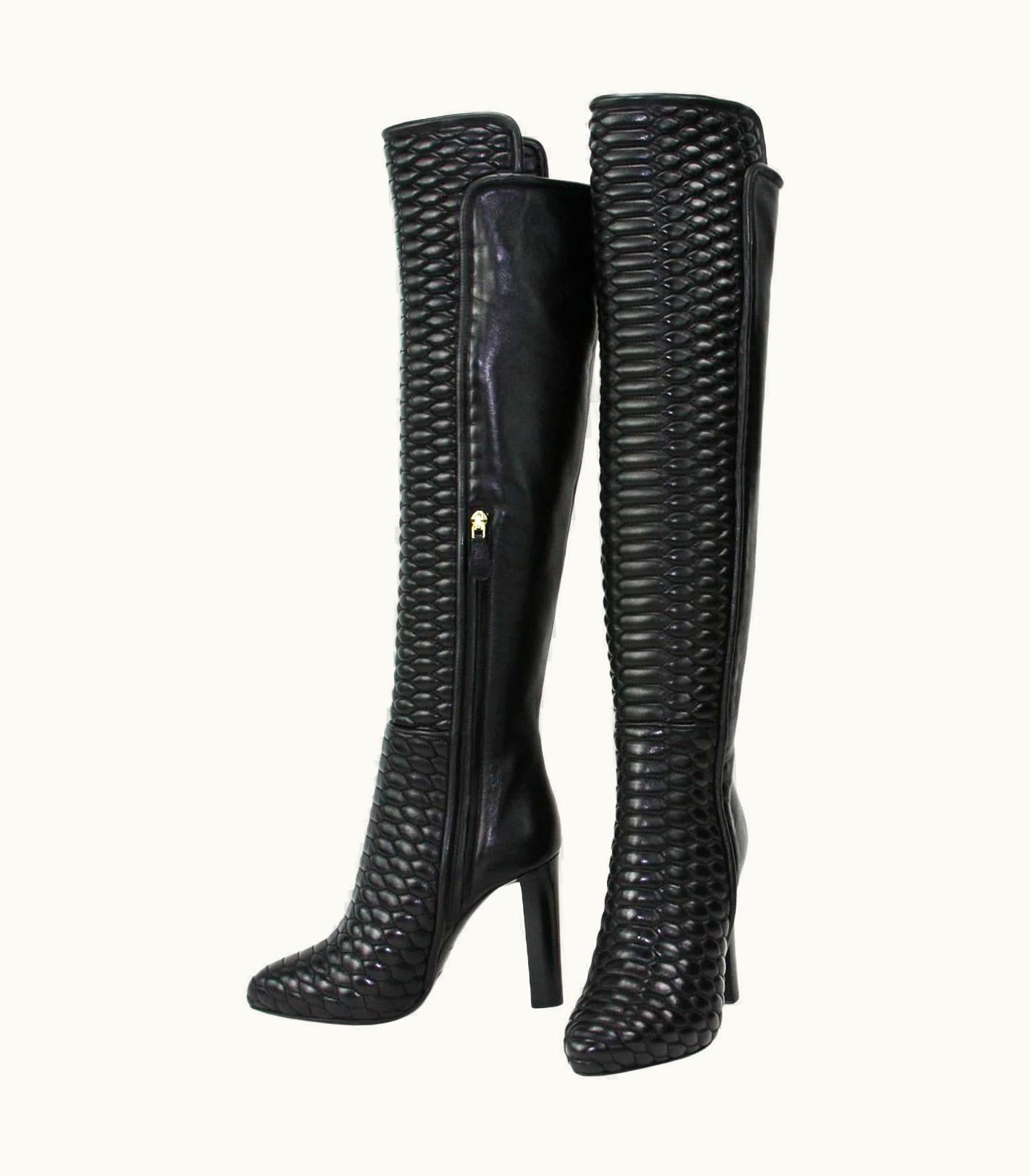 Roberto Cavalli Roberto Cavalli Textured Black Leather Over The Knee Boots It. 37 - Us