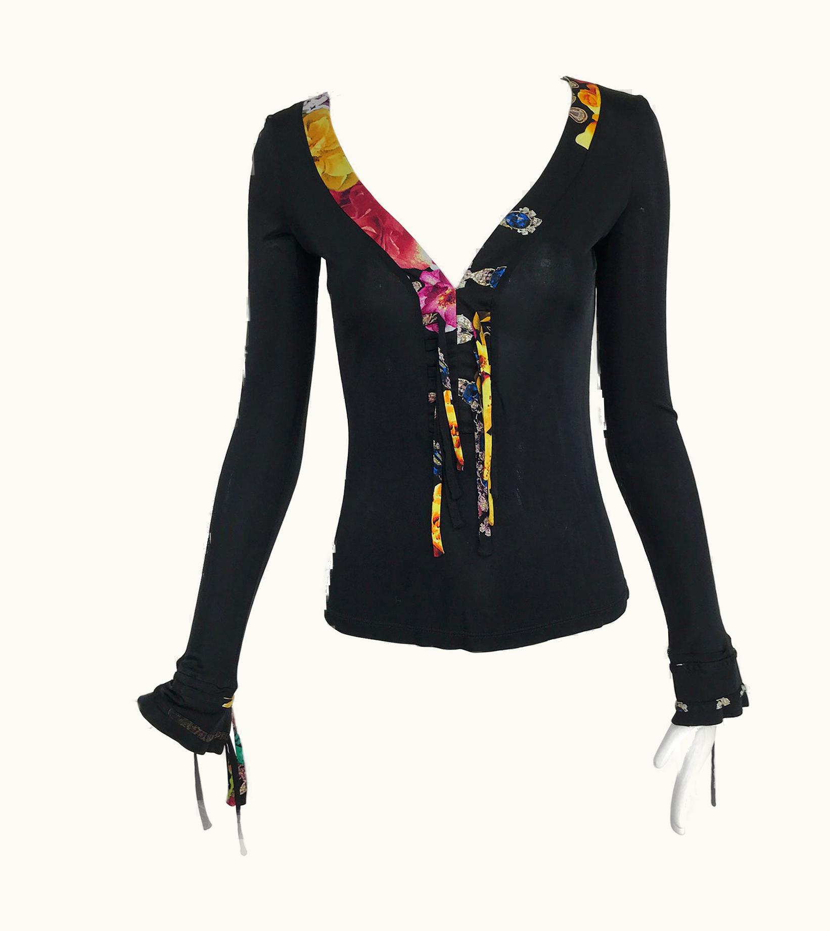 Roberto Cavalli Roberto Cavalli Black Jersey V Plunge Laced Front Long Sleeve Top