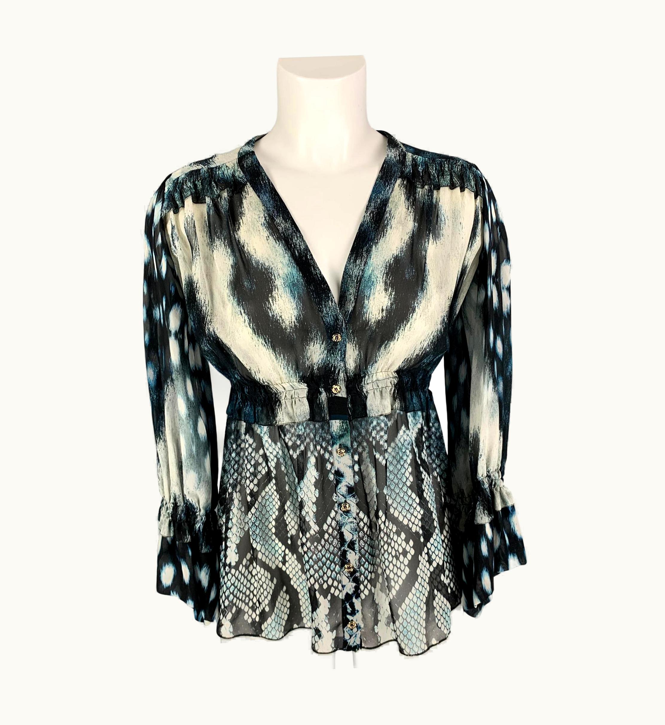 Roberto Cavalli Roberto Cavalli Grey Blue Cream Silk Snake Skin Print V-Neck Blouse