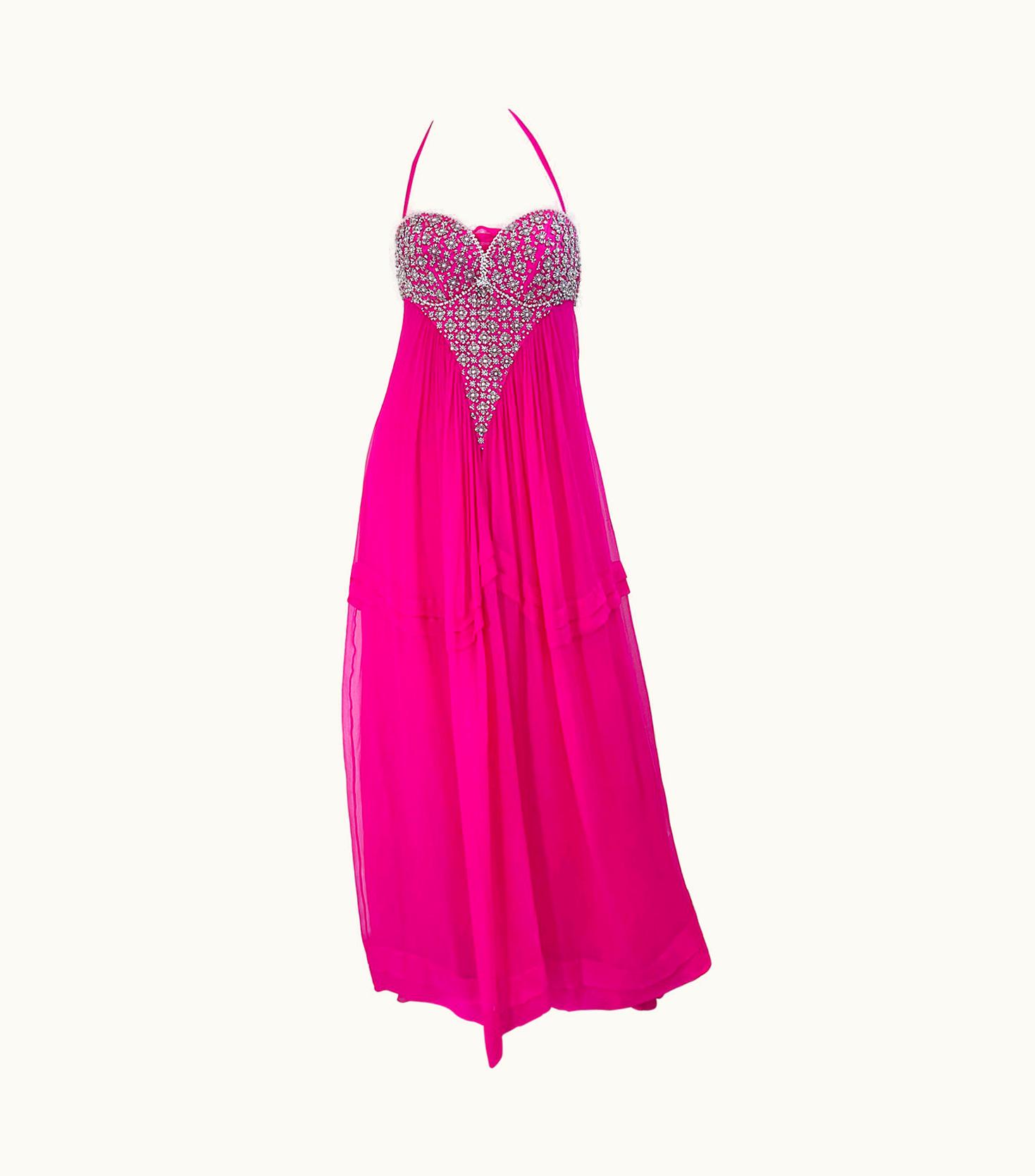 Roberto Cavalli 1990s Roberto Cavalli S/S Hot Pink Chiffon Beaded Rhinestone 90s Gown