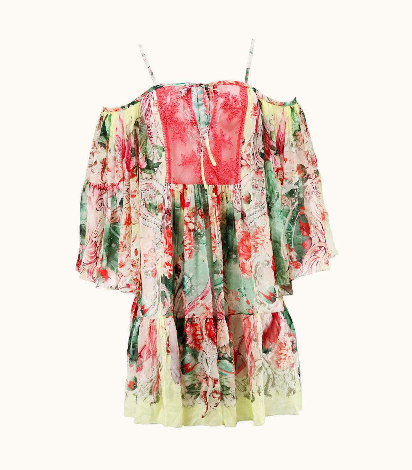 Roberto Cavalli Roberto Cavalli Cold Shoulder Lace Pneled Printed Silk Mini Dress It 42 Uk