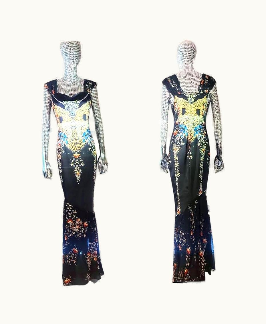 Roberto Cavalli Roberto Cavalli Class Black Satin Flover Gems And Animal Print Dress It