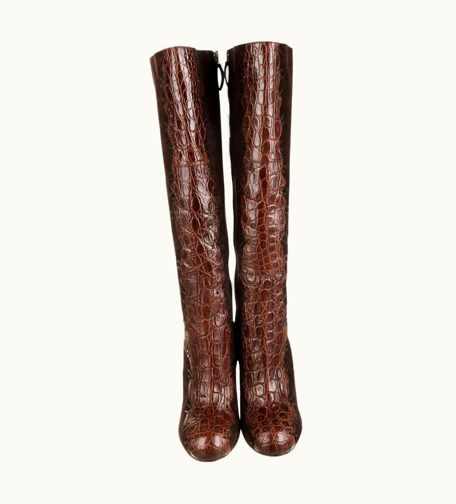 Roberto Cavalli $3450 Roberto Cavalli Brown Alligator Suede High Heel Knee Boots It 39 Us
