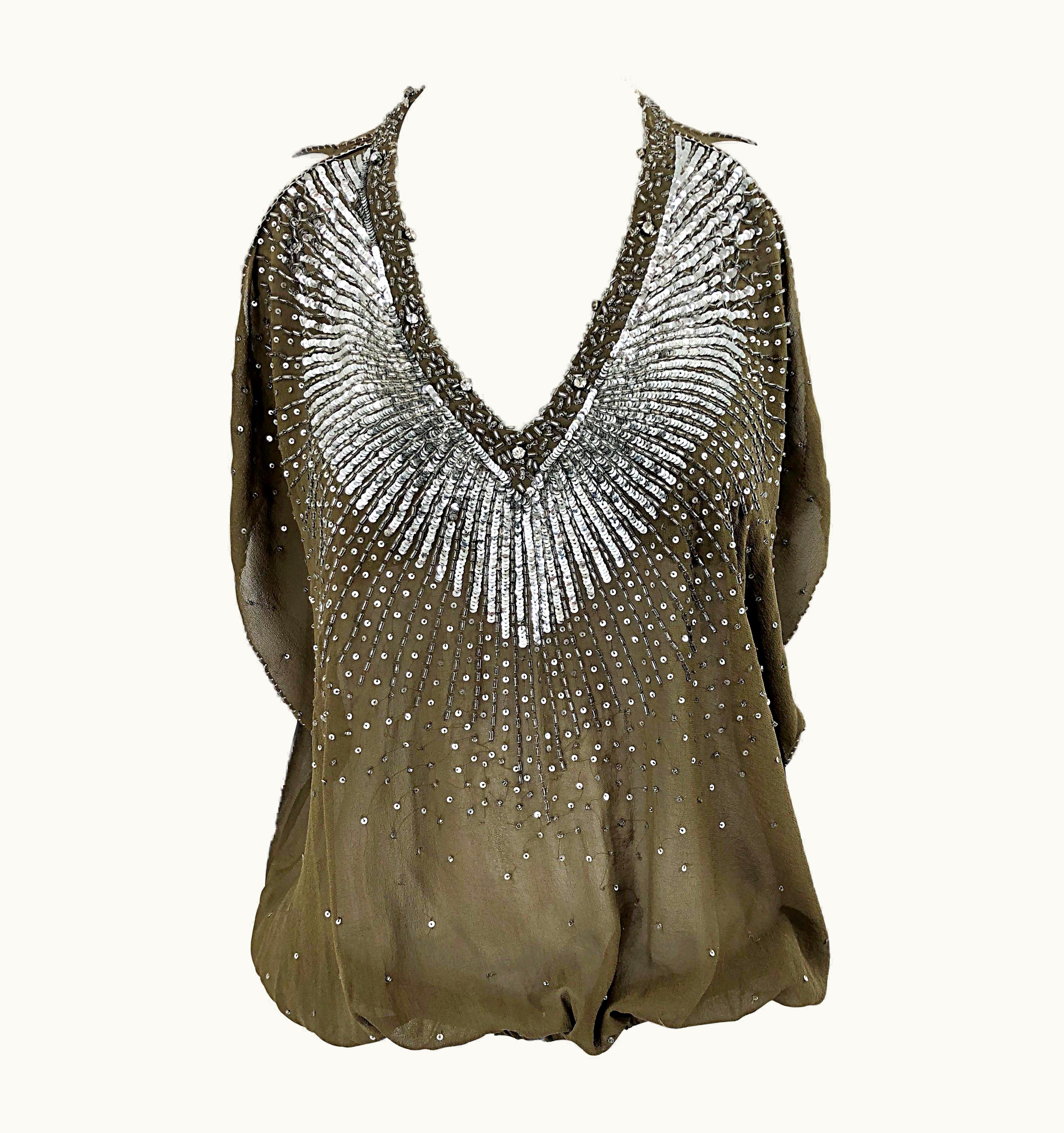 Roberto Cavalli Roberto Cavalli Early 2000s Army Green Silk Chiffon Rhinestone Beaded Sheer Top