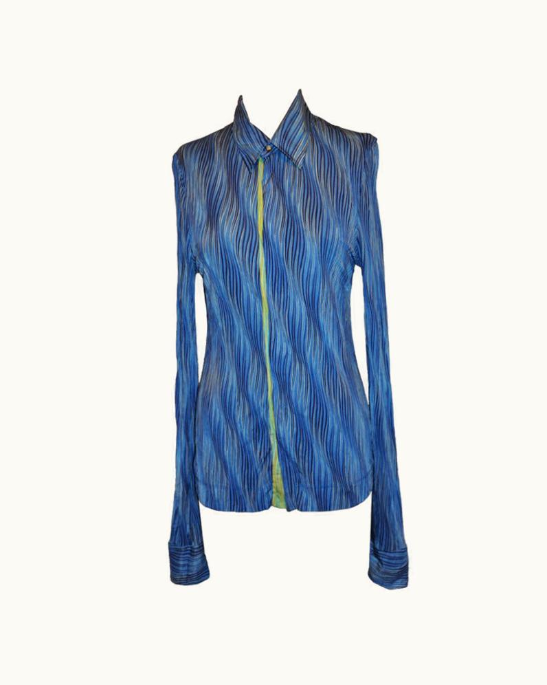 Roberto Cavalli Roberto Cavailli Wavy-Stripe Shades Of Blue Snap-Front Shirt