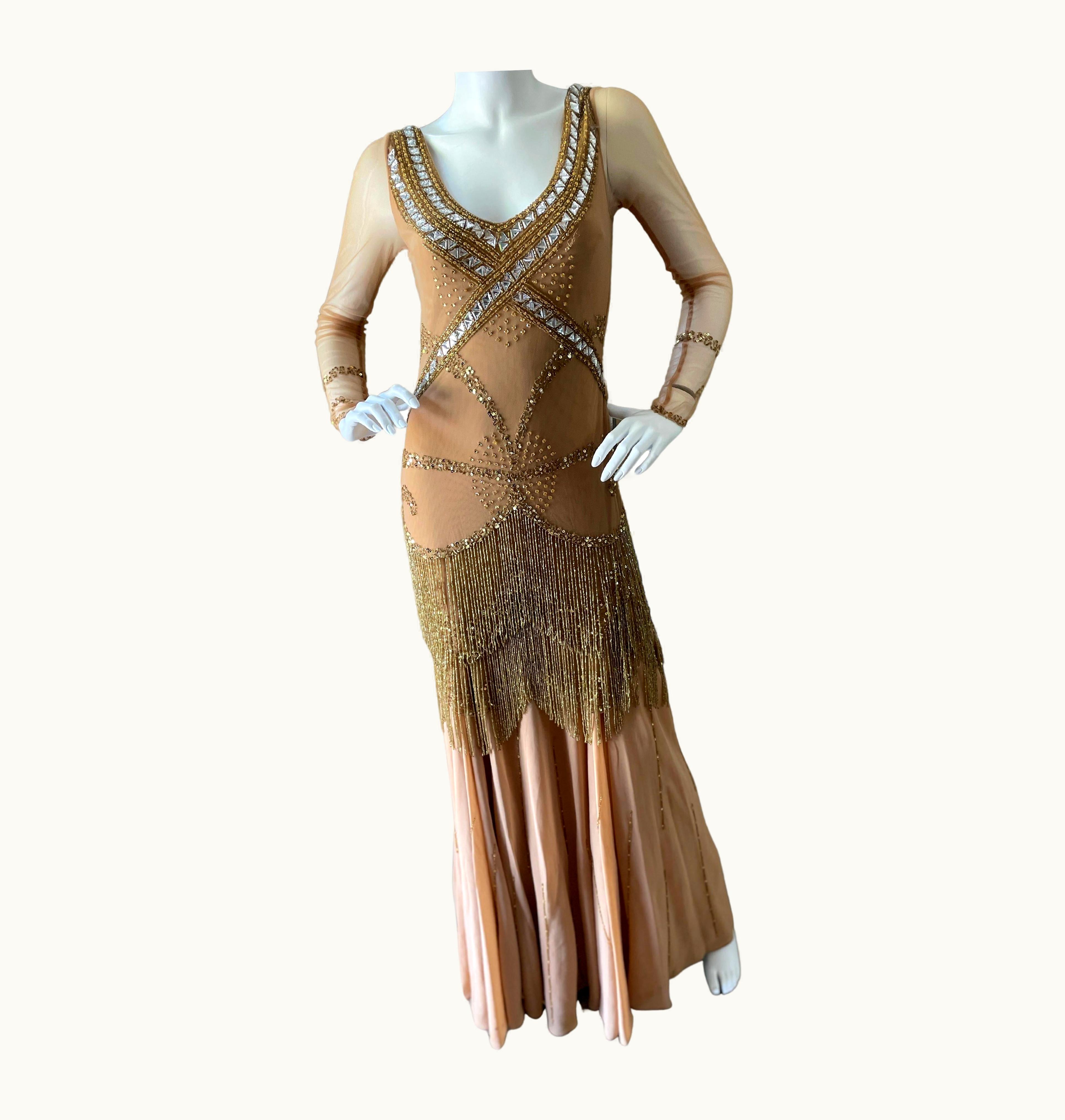 Roberto Cavalli Class Cavalli Extravagantly Jeweled Vintage Evening Dress With Beaded Fringe UZ0606341