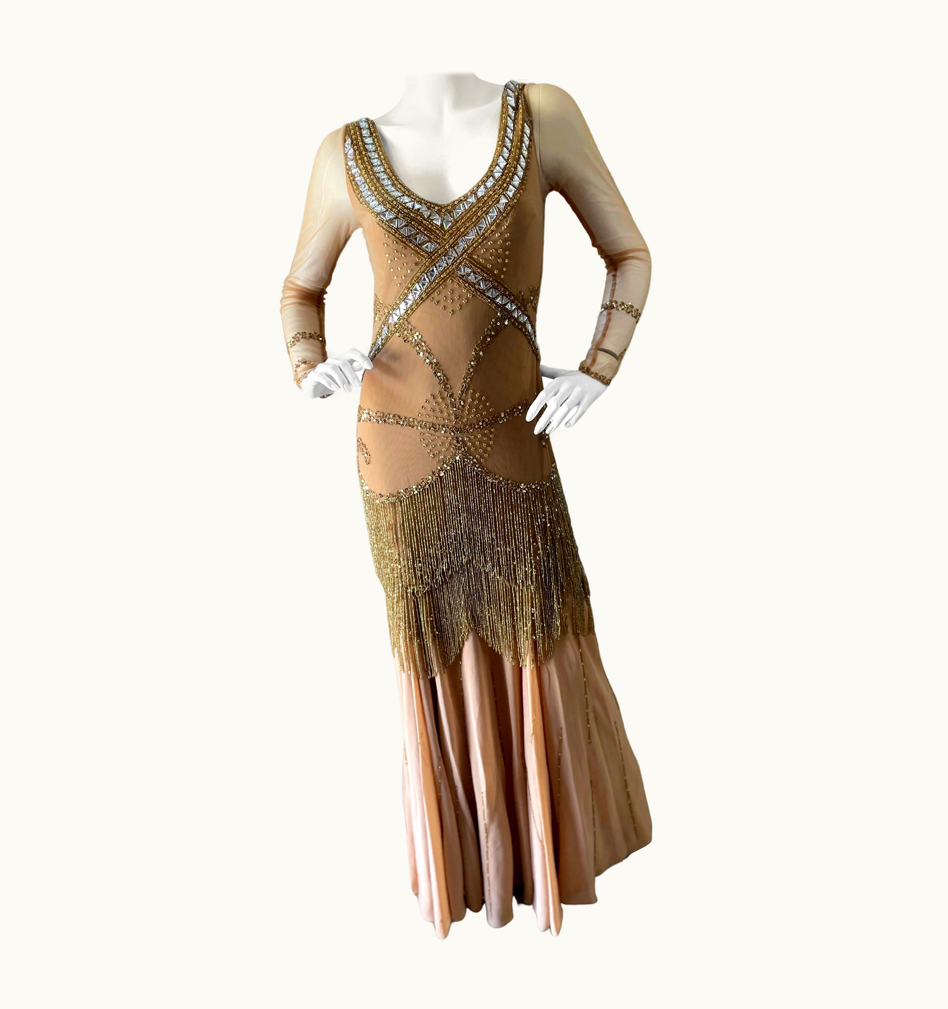 Roberto Cavalli Class Cavalli Extravagantly Jeweled Vintage Evening Dress With Beaded Fringe UZ0606342