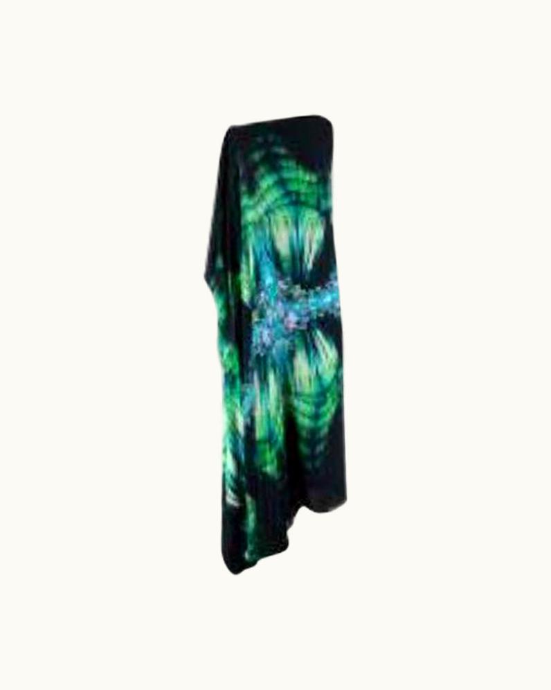 Roberto Cavalli Green & Black Feather Print Silk Kaftan