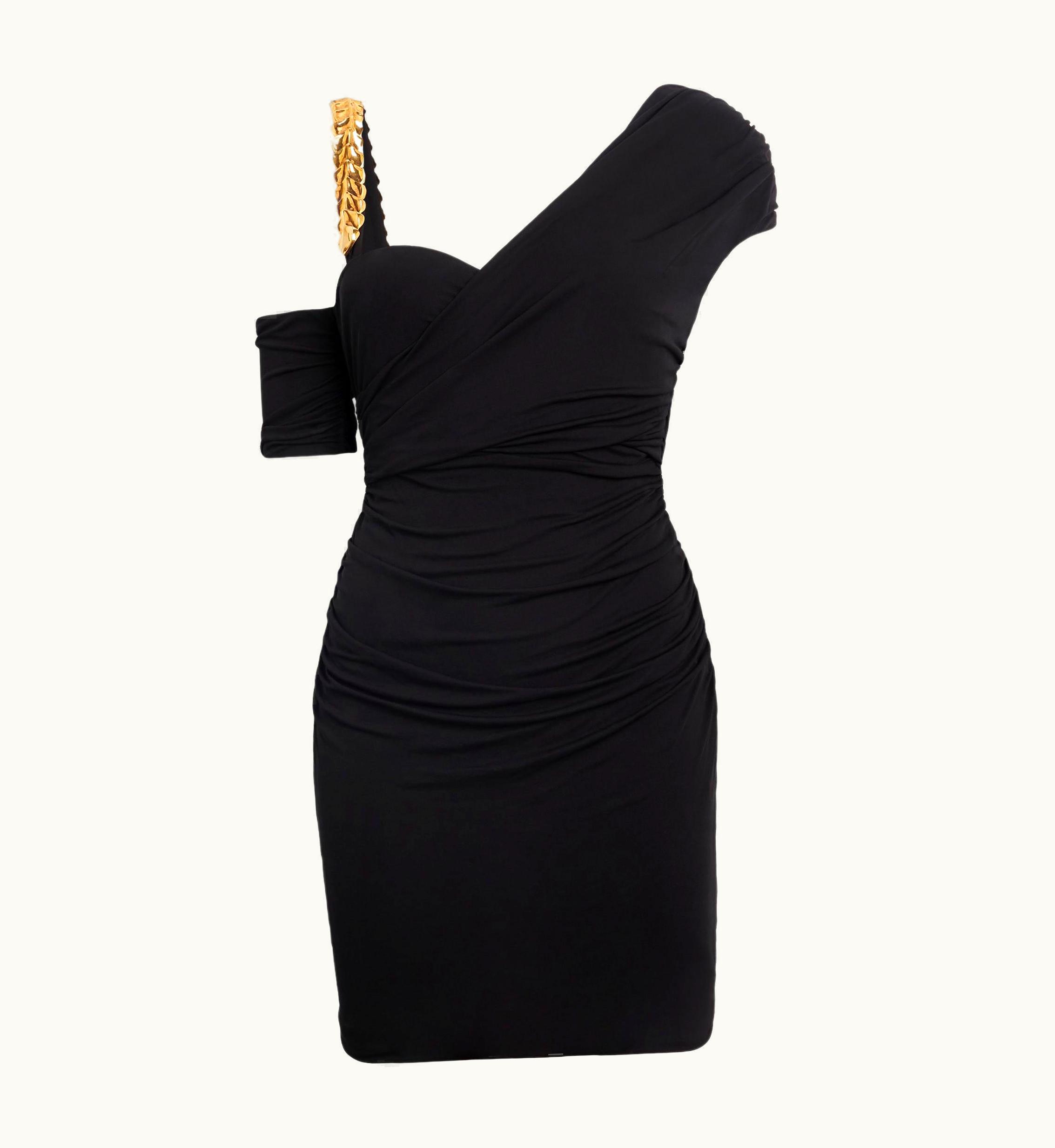 Roberto Cavalli Roberto Cavalli Gold Chain Strap Black Asymmetric Ruched Cocktail Dress