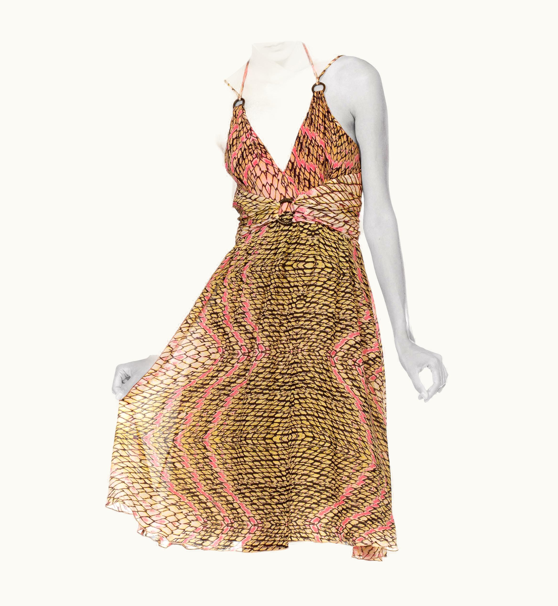 Roberto Cavalli 2000s Roberto Cavalli Just Pink & Brown Snake Print Silk Blend Chiffon Fluted B