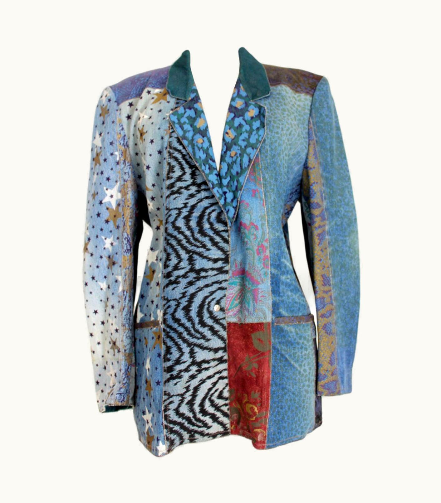 Roberto Cavalli Roberto Cavalli 1980s Blue Leather Denim Patchwork Jacket Vintage