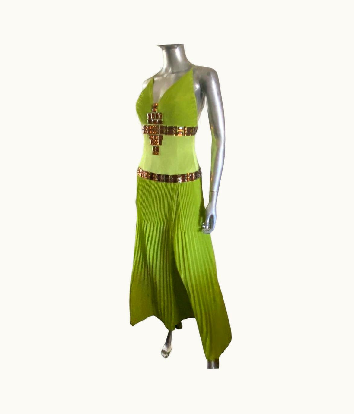 Roberto Cavalli Roberto Cavalli Lime Pleated Dress WS/S Hand Beaded Stones For Just Cavalli