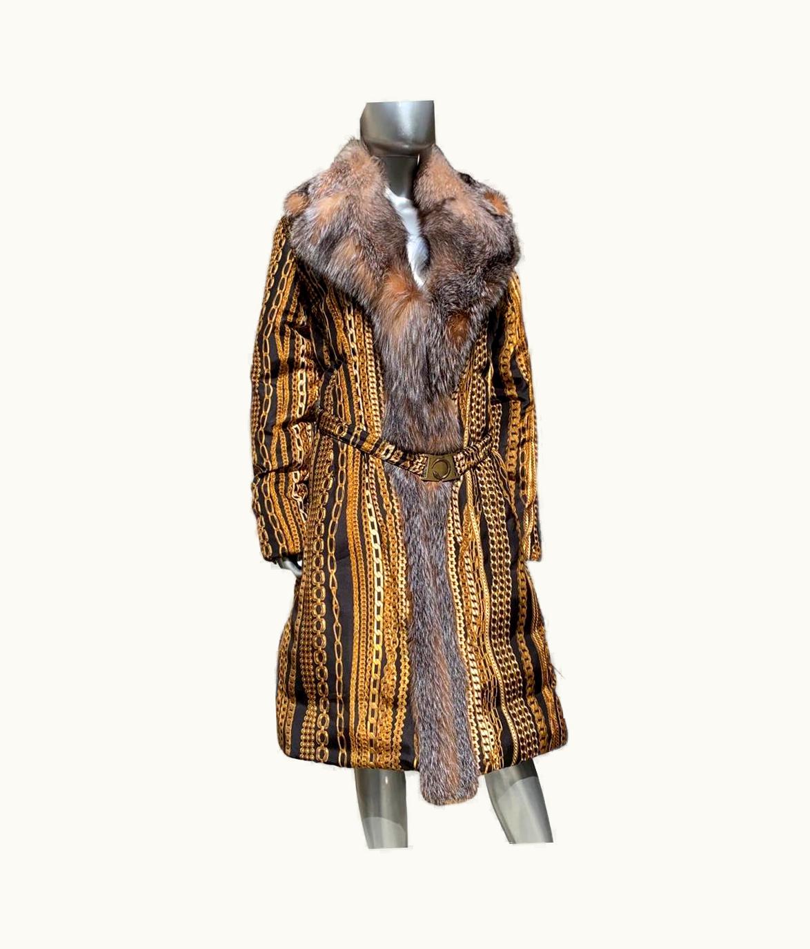 Roberto Cavalli Roberto Cavalli Runway Collection Fox Fur & Silk Gold Chain Puffer Coat