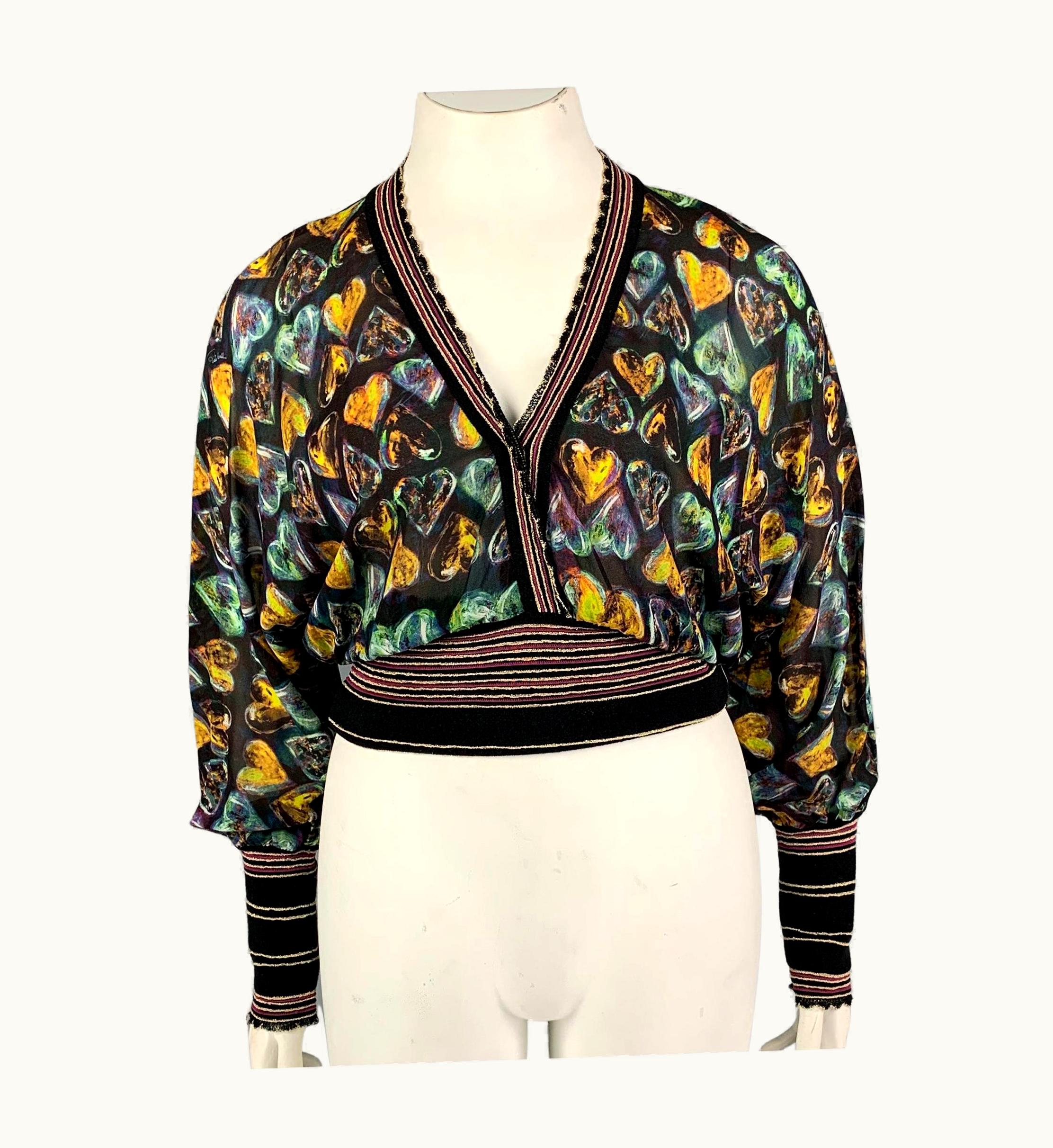 Roberto Cavalli Roberto Cavalli Multi-Color Heart Print Silk Blend Long Sleeve Casual Top