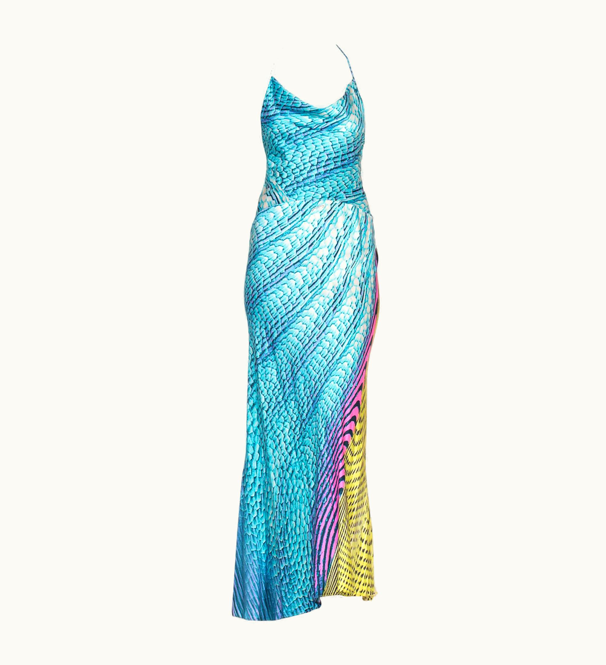 Roberto Cavalli 1990' Roberto Cavalli Neon Snake Print Bias Silk Gown