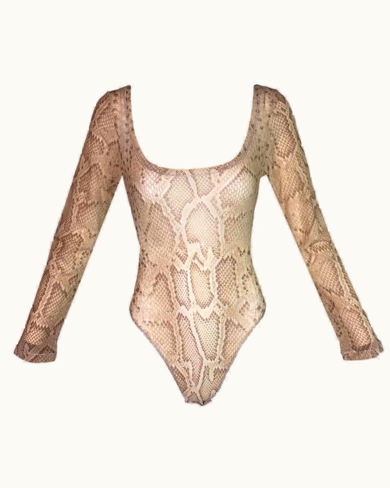 Roberto Cavalli Nwt 1990' Roberto Cavalli Hand Painted Sheer Mesh Snakeskin Bodysuit