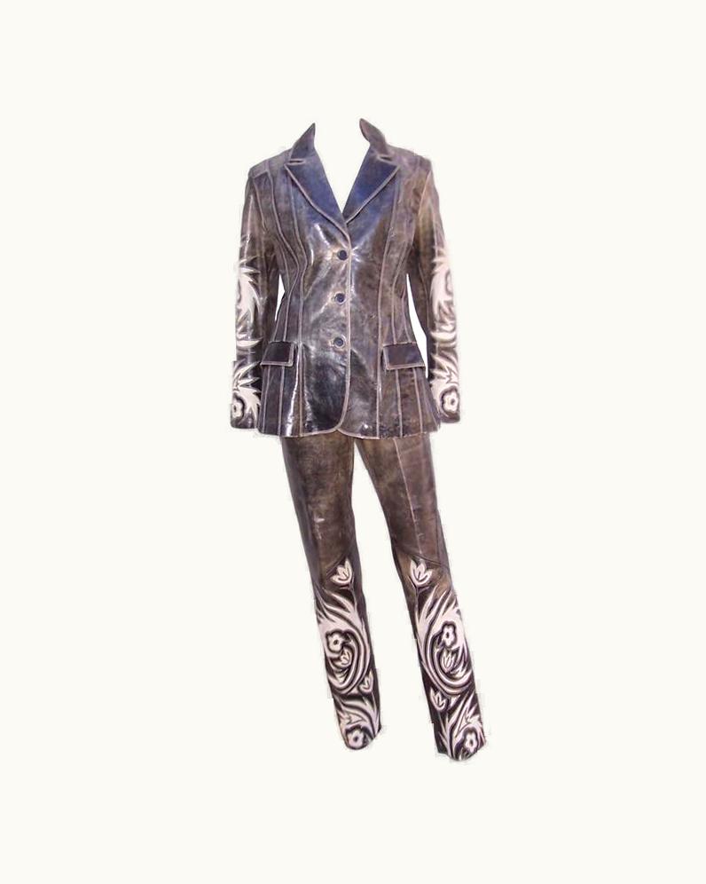 Roberto Cavalli Hip 1990' Roberto Cavalli Stitched Distressed Leather Jacket Pant Suit