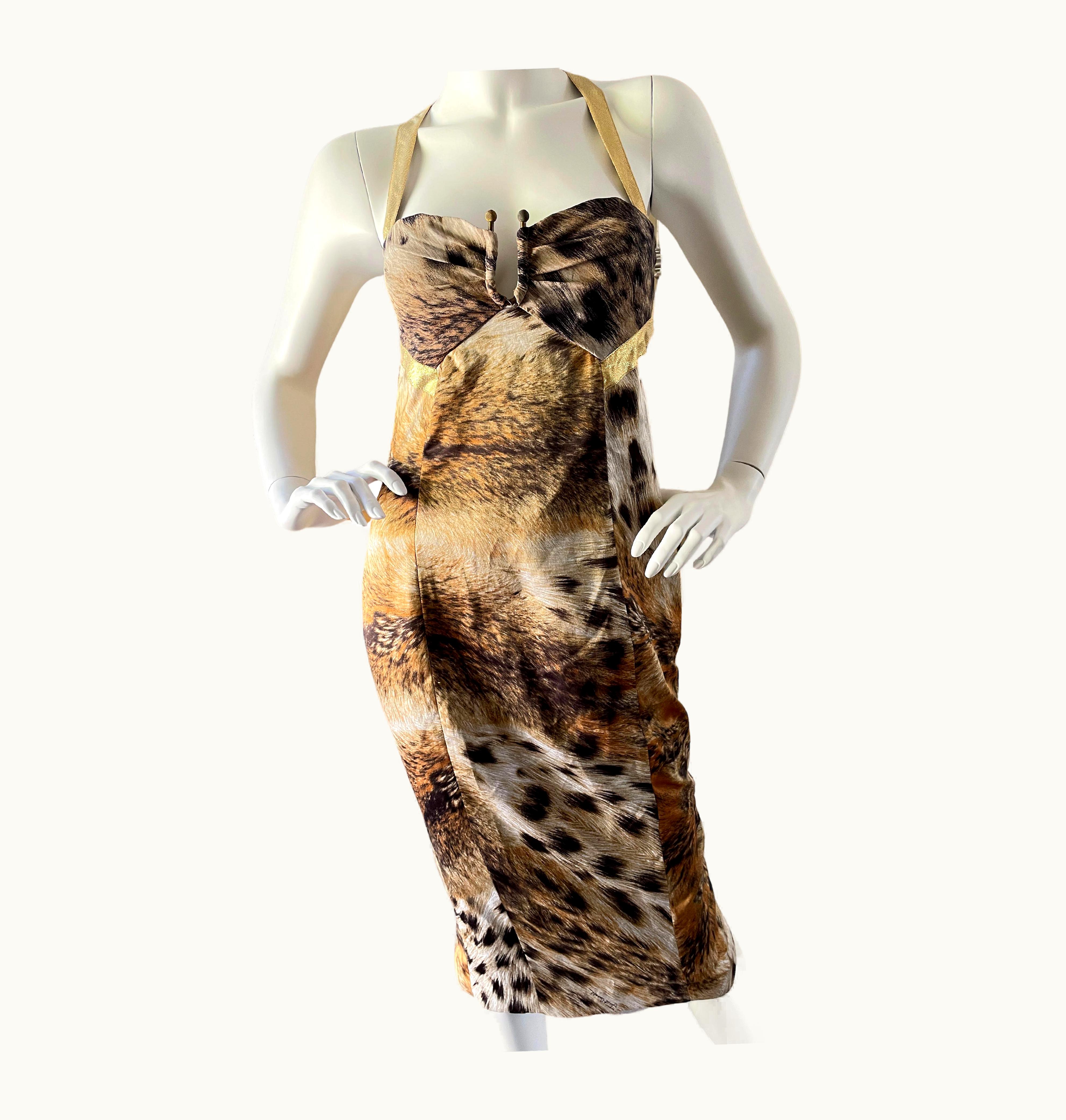 Just Cavalli Just Cavalli Vintage Gold Trim Racerback Leopard Print Cocktail Dress