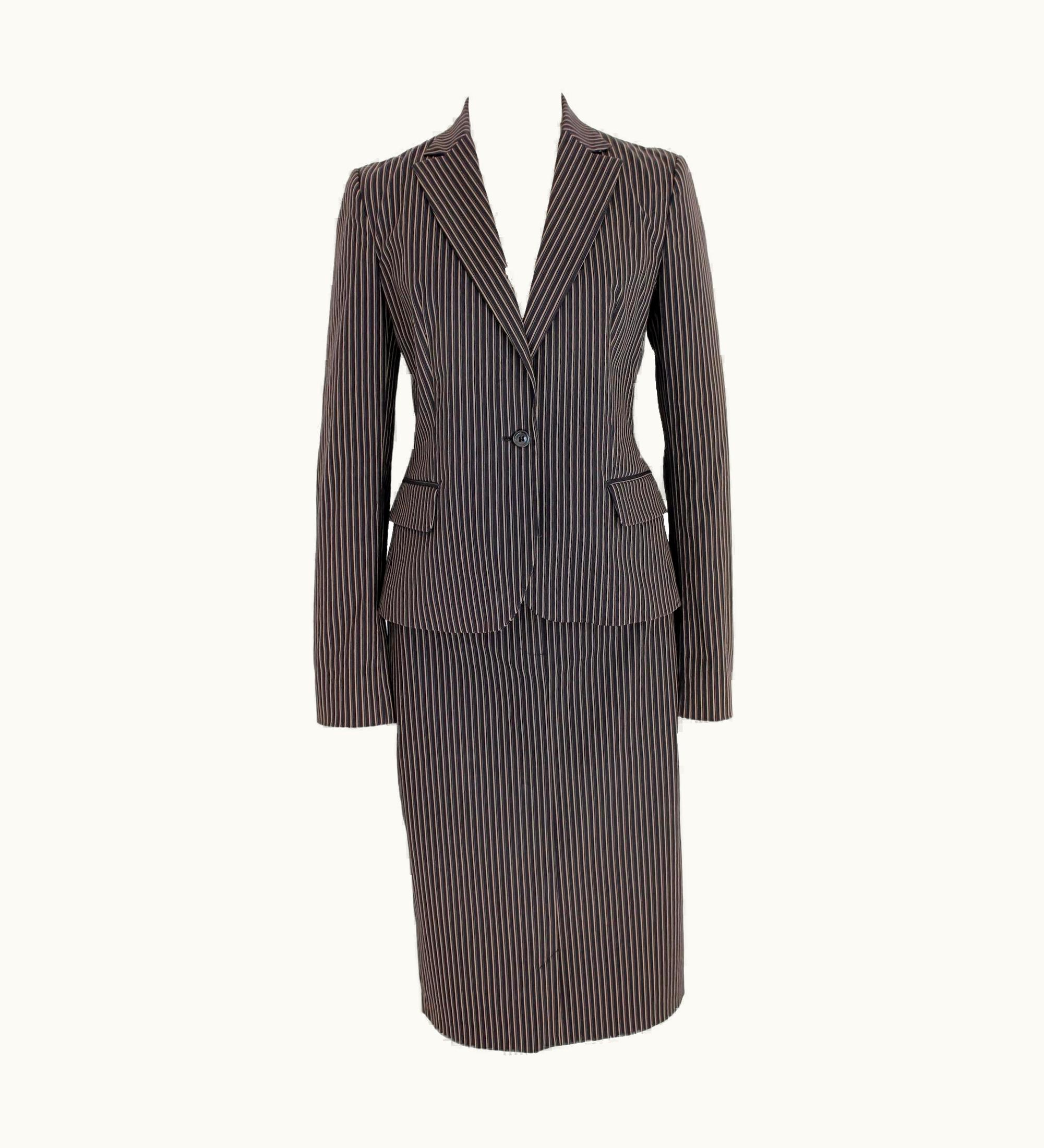 Roberto Cavalli Cavalli Black Beige Cotton Pinstripe Classic Skirt Suit
