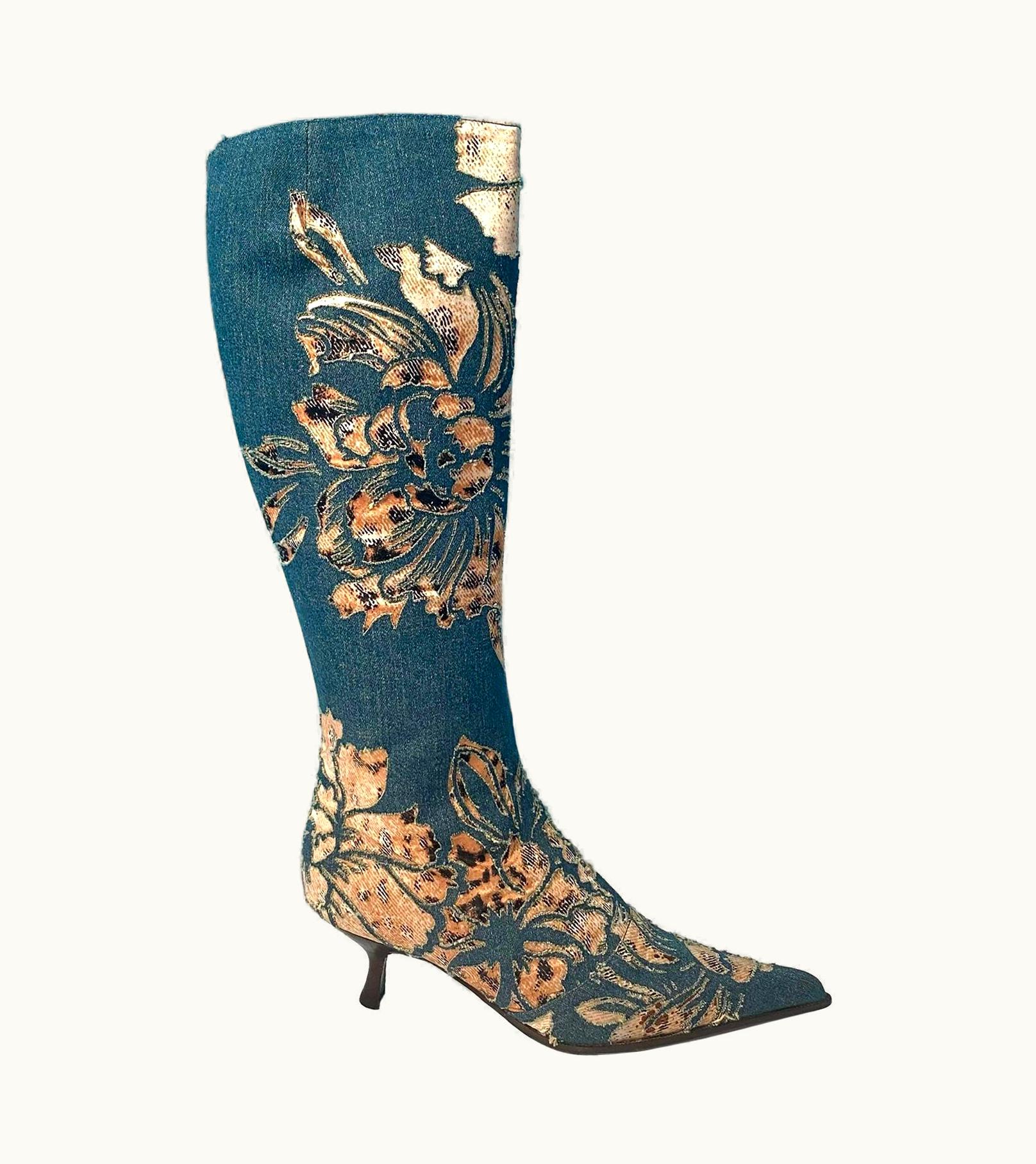 Roberto Cavalli Roberto Cavalli S/S 2002 Floral Laser-Cut Denim Leopard Boots