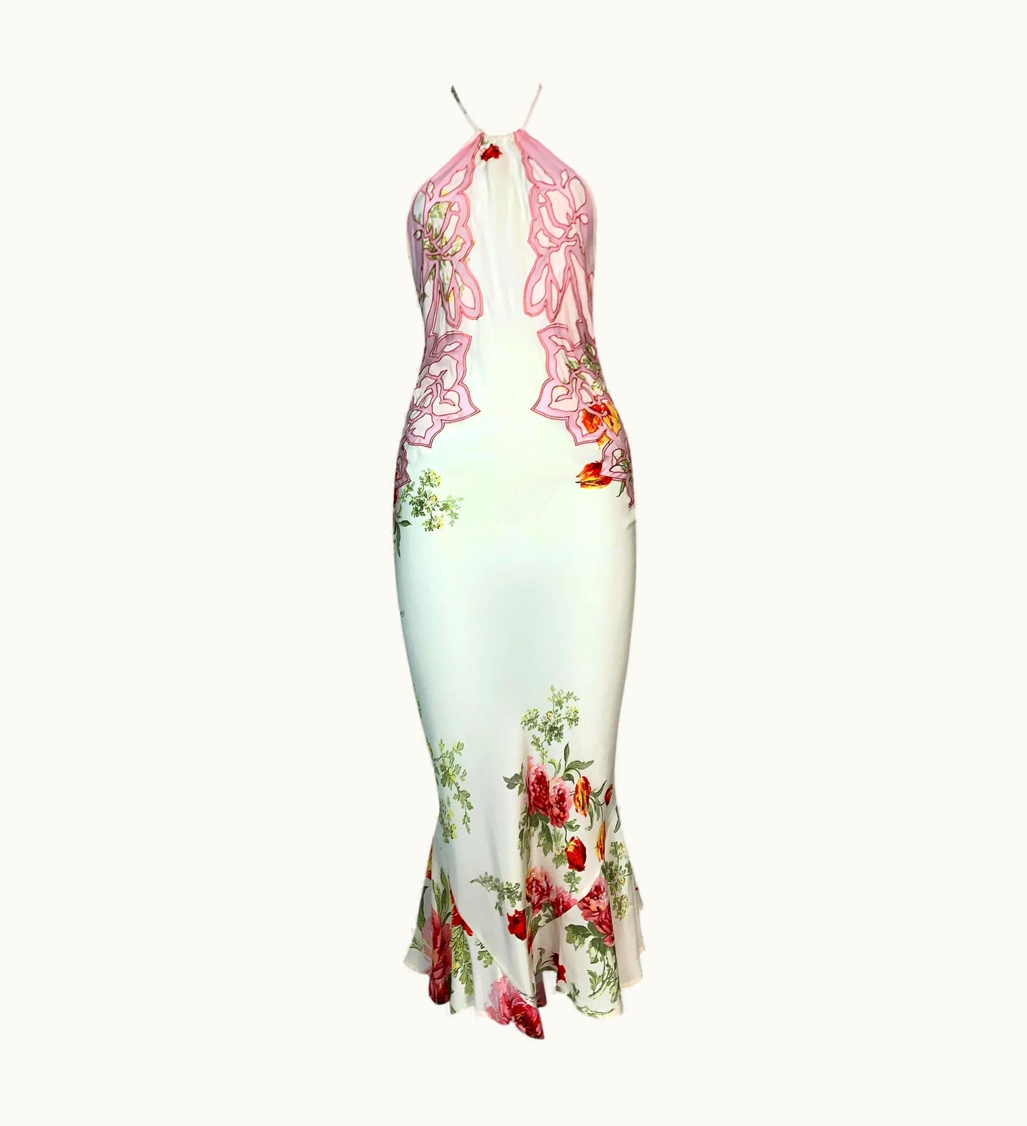 Roberto Cavalli S/S 2002 Roberto Cavalli Sheer Ivory Floral Silk Tattoo Backless Dress