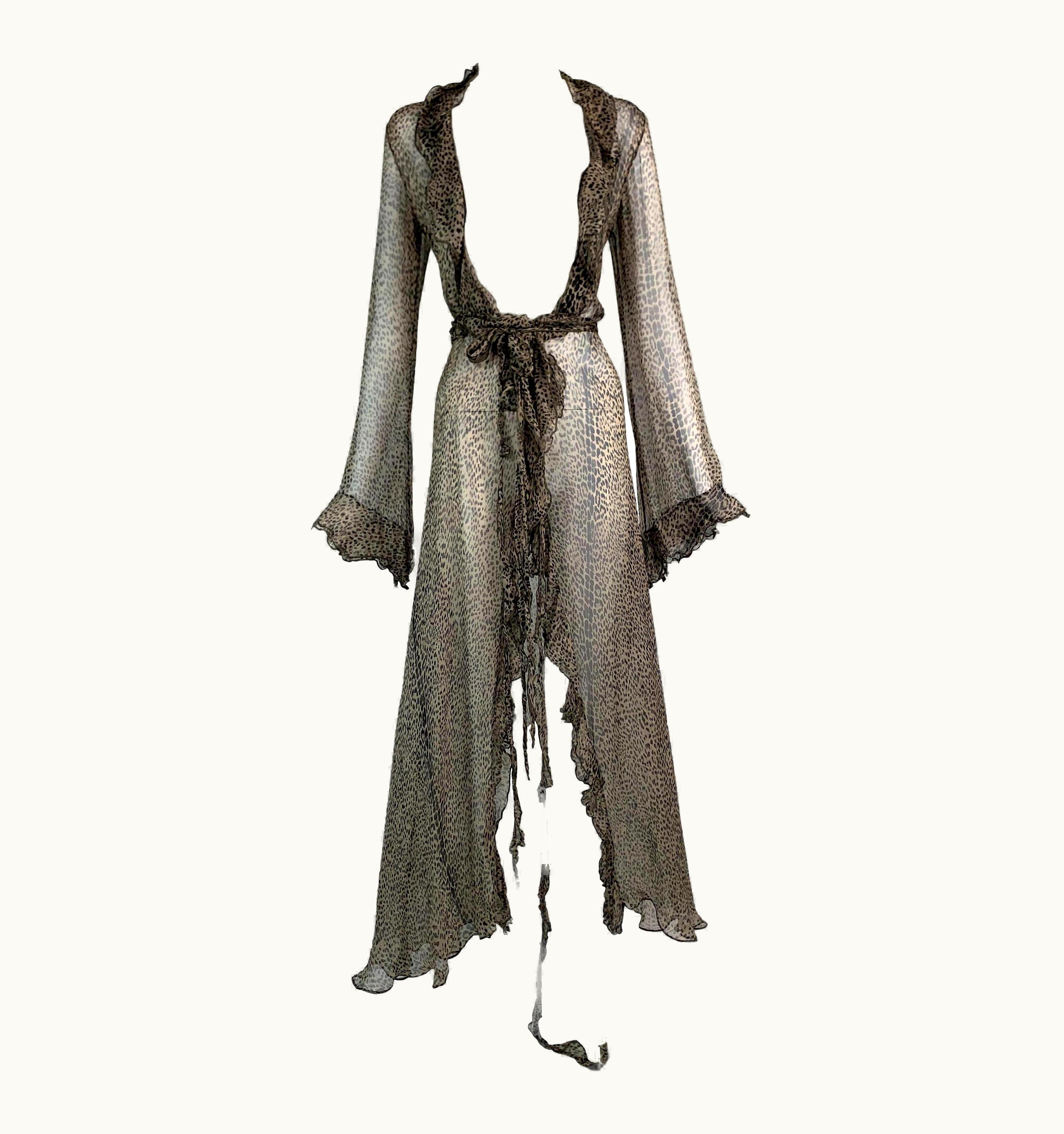 Roberto Cavalli S/S 2002 Roberto Cavalli Runway Sheer Leopard Silk Wrap Maxi Dress