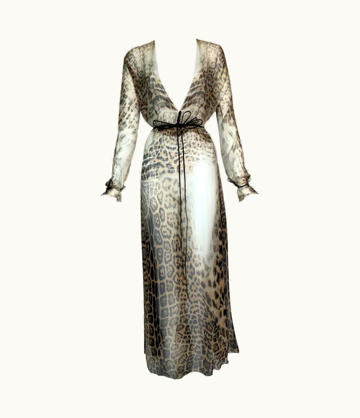 Roberto Cavalli S/S 2002 Roberto Cavalli Sheer Leopard Silk Plunging High Slit Maxi Dress