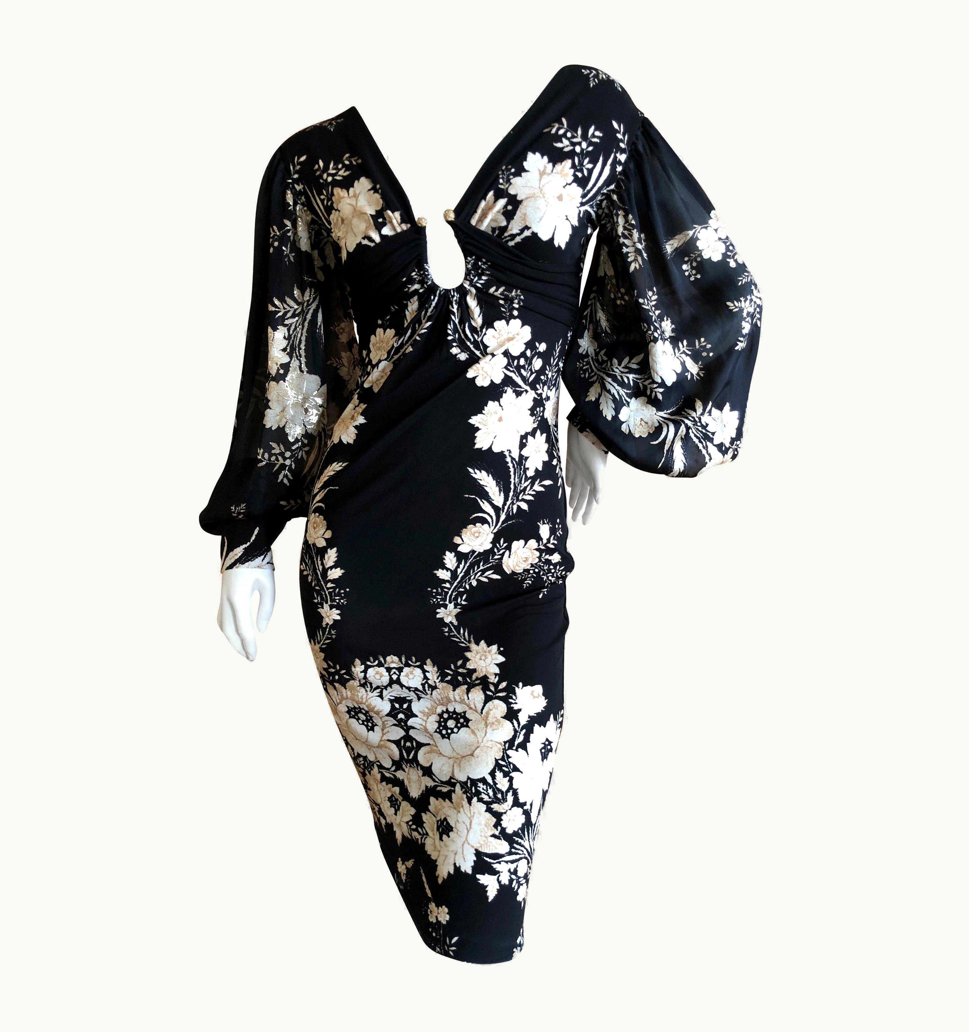 Roberto Cavalli Roberto Cavalli 2003 Black Silk Silver Flowered Cocktail Dress W Poet Sleeves