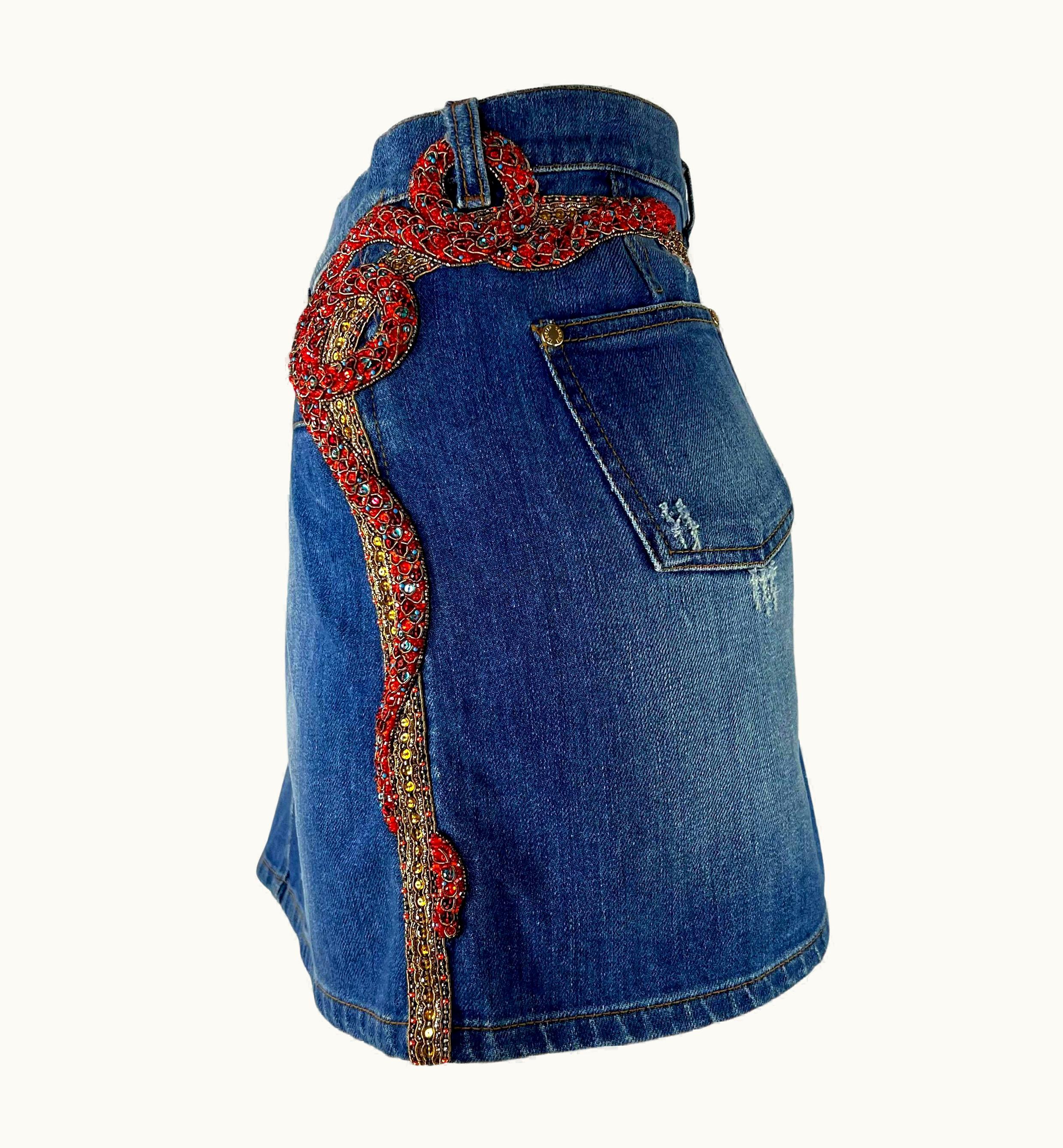 Roberto Cavalli S/S 2005 Roberto Cavalli Serpent Rhinestone Beaded Denim Mini Skirt