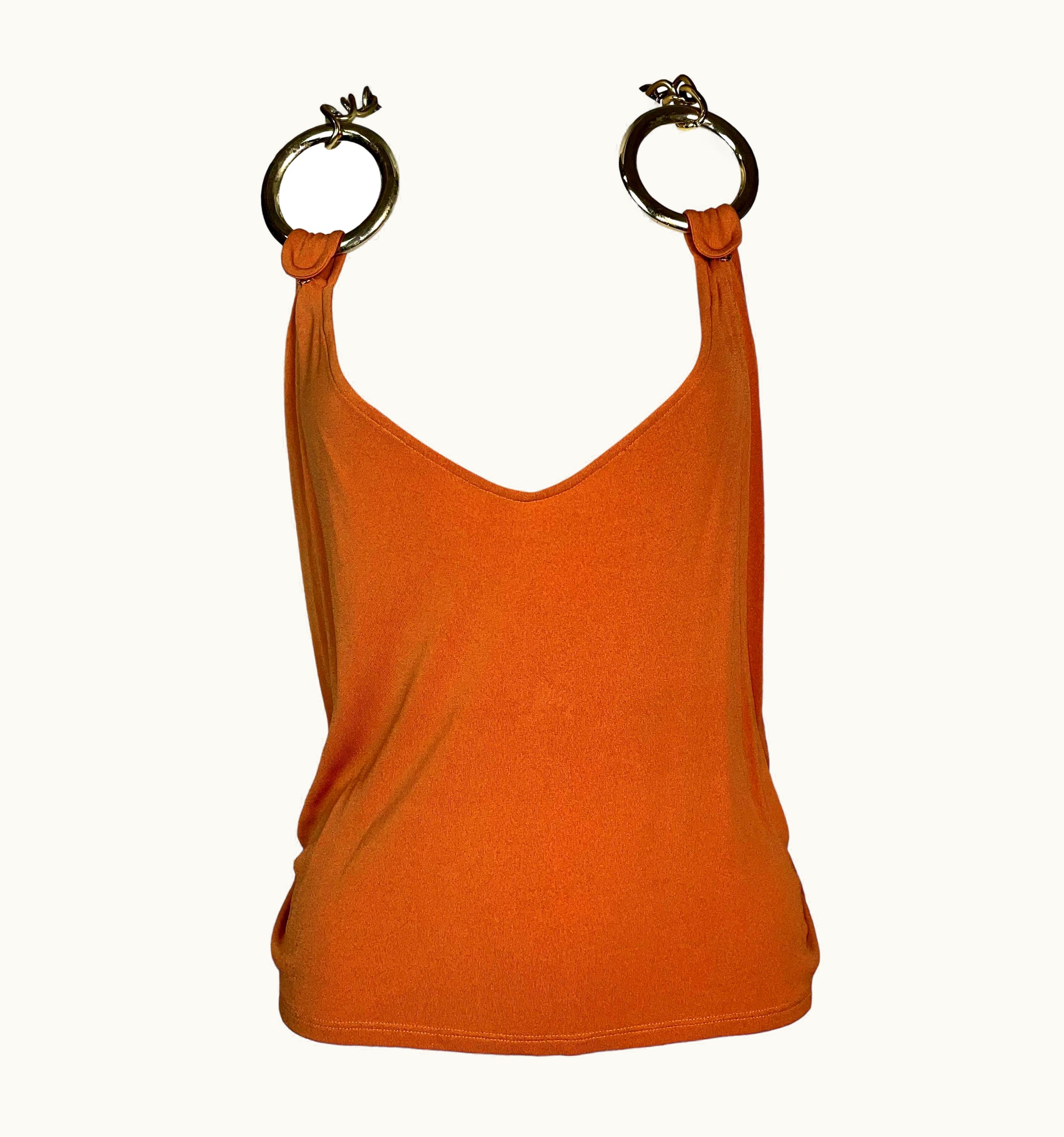 Roberto Cavalli S/S 2005 Roberto Cavalli Orange Gold Circle Chain Halter Top
